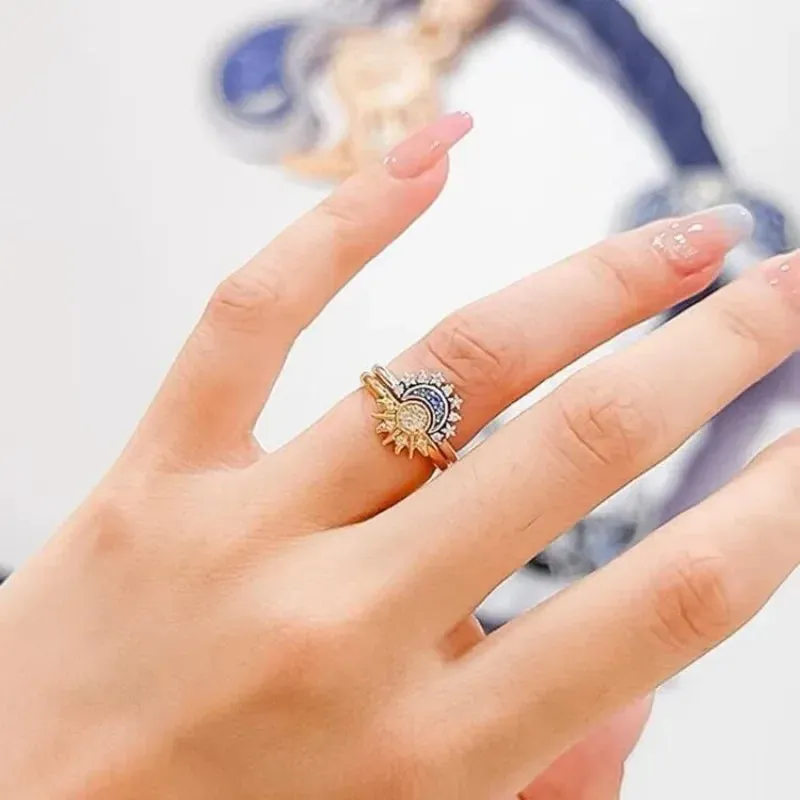 Celestial Blue Sparkling Moon Sun Women's Ring