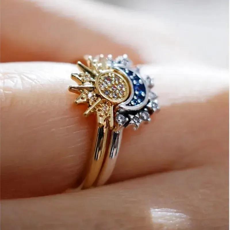 Celestial Blue Sparkling Moon Sun Women's Ring