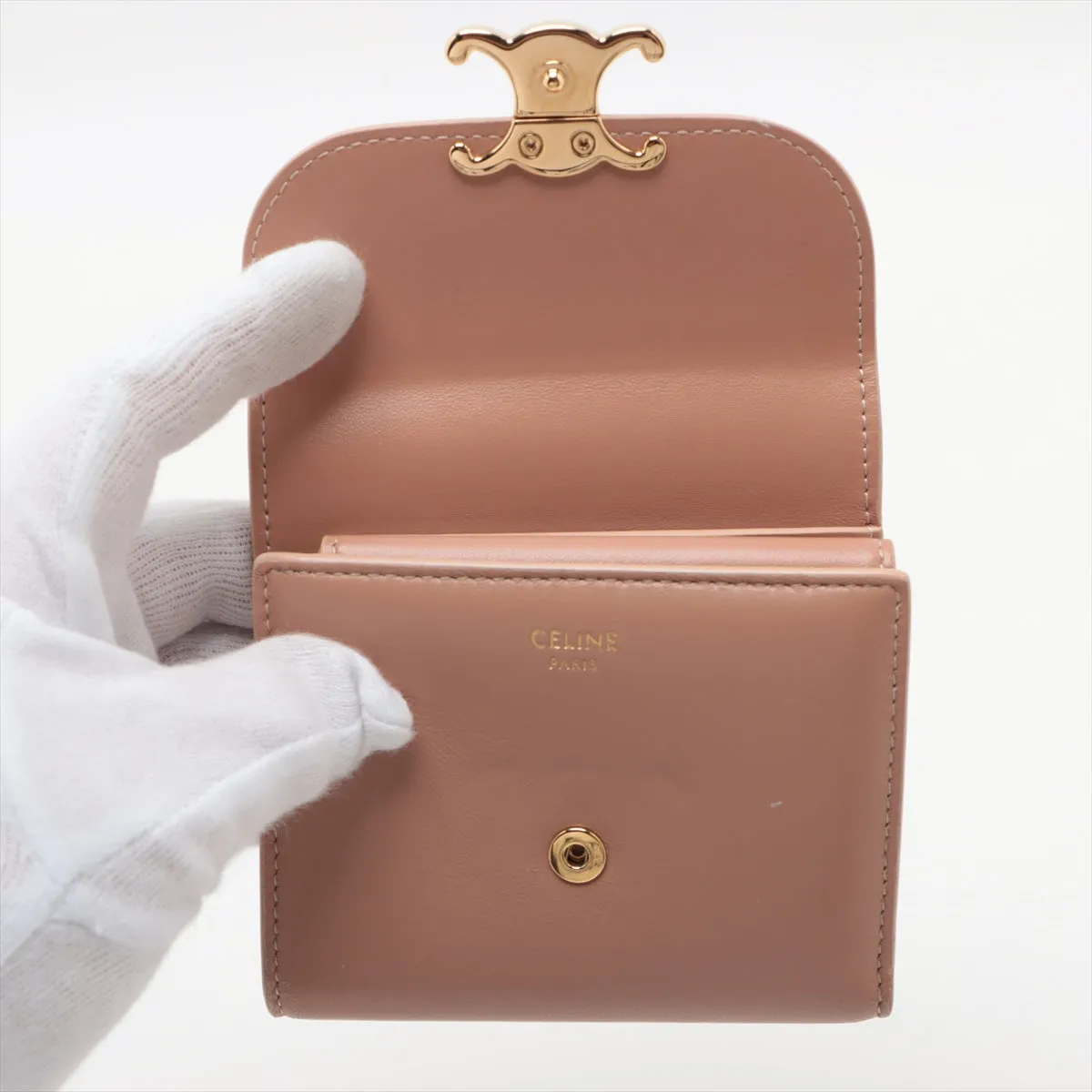 Celine Triomphe Beige Compact Flap Cardholder Wallet