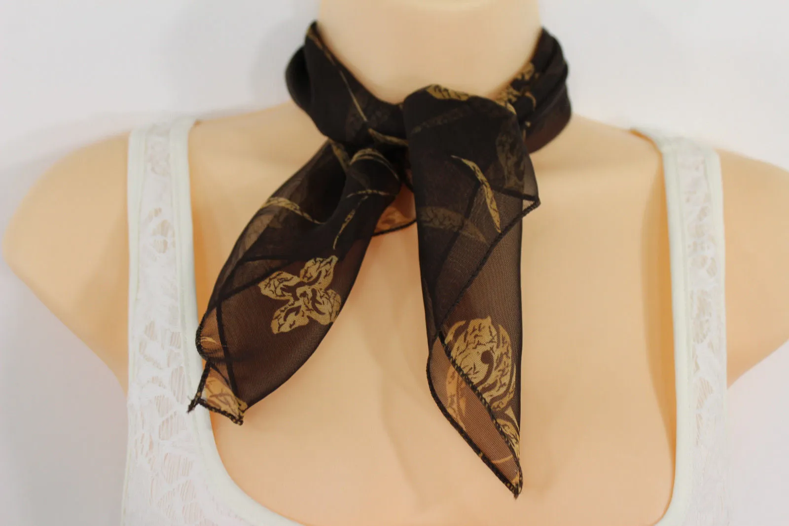 Dark Green Brown Navy Blue Small Neck Soft Scarf Fabric Flower Pocket Square