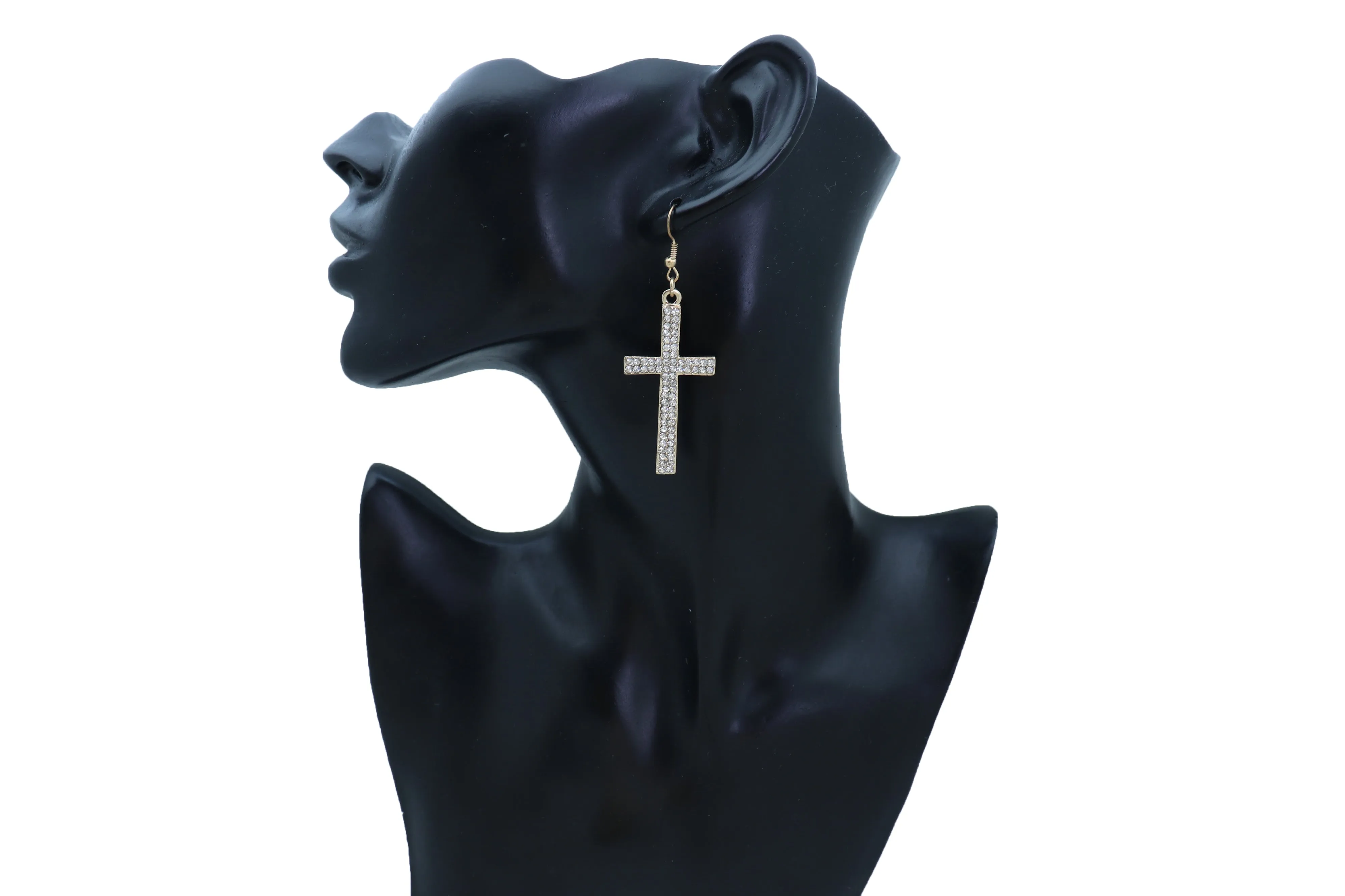 Double Row Gold Metal Rhinestone Cross Earrings