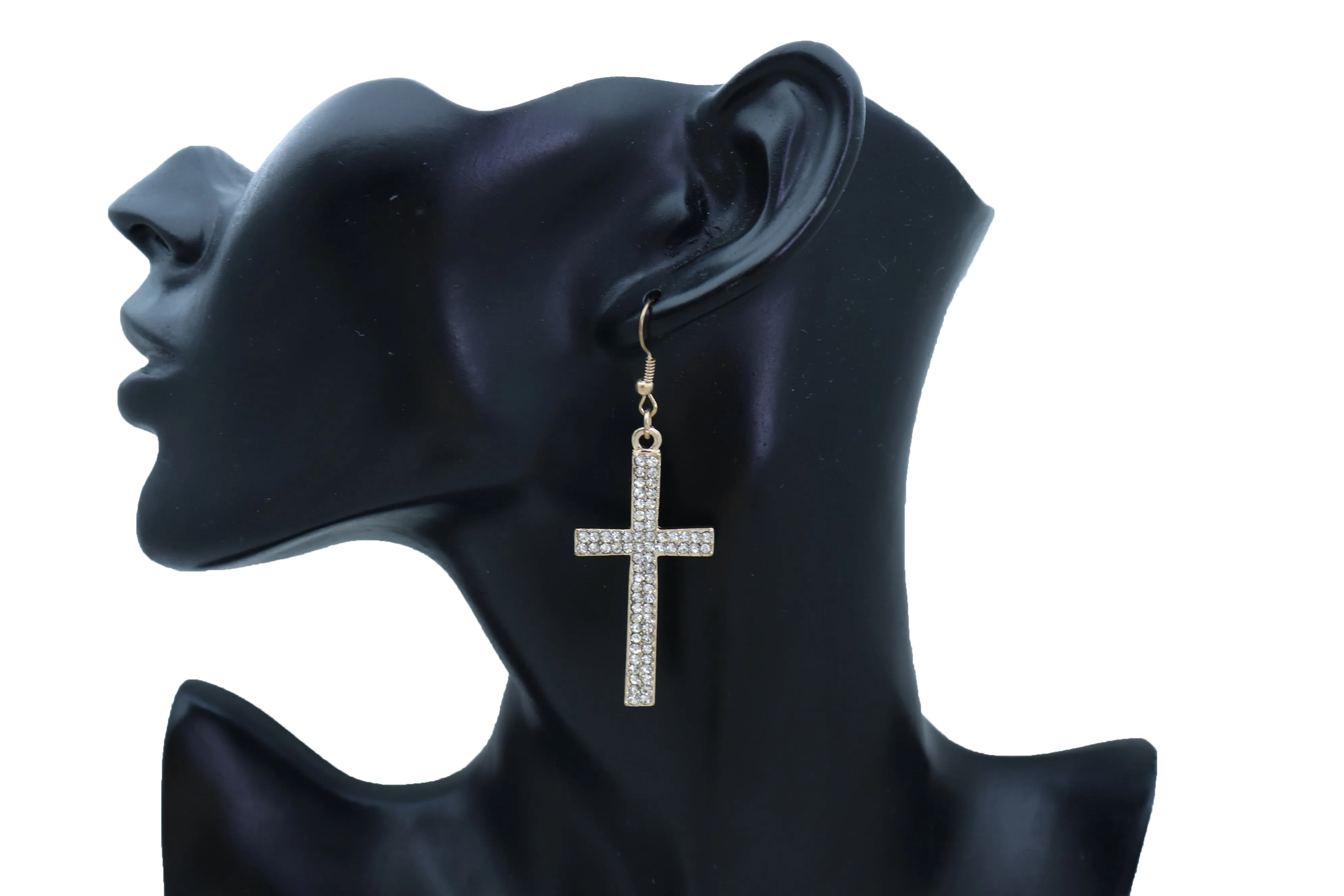 Double Row Gold Metal Rhinestone Cross Earrings