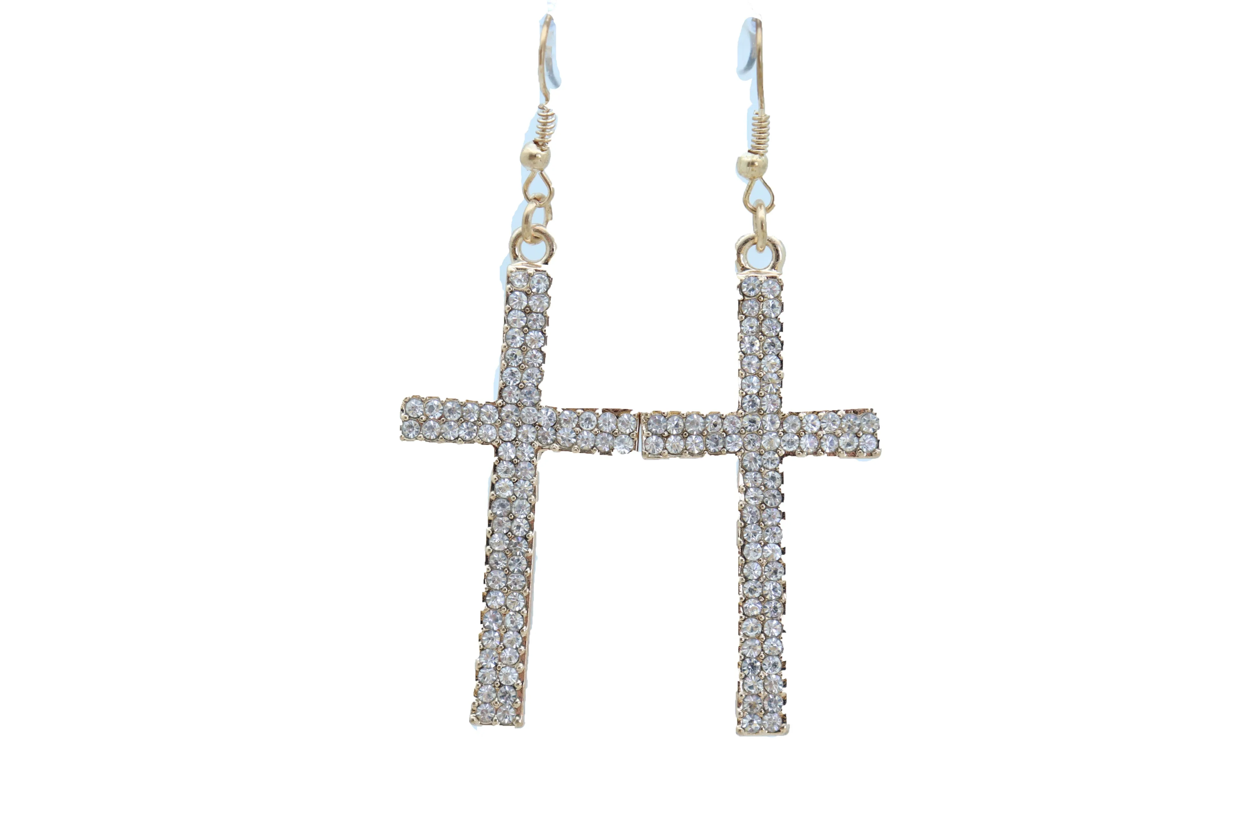 Double Row Gold Metal Rhinestone Cross Earrings