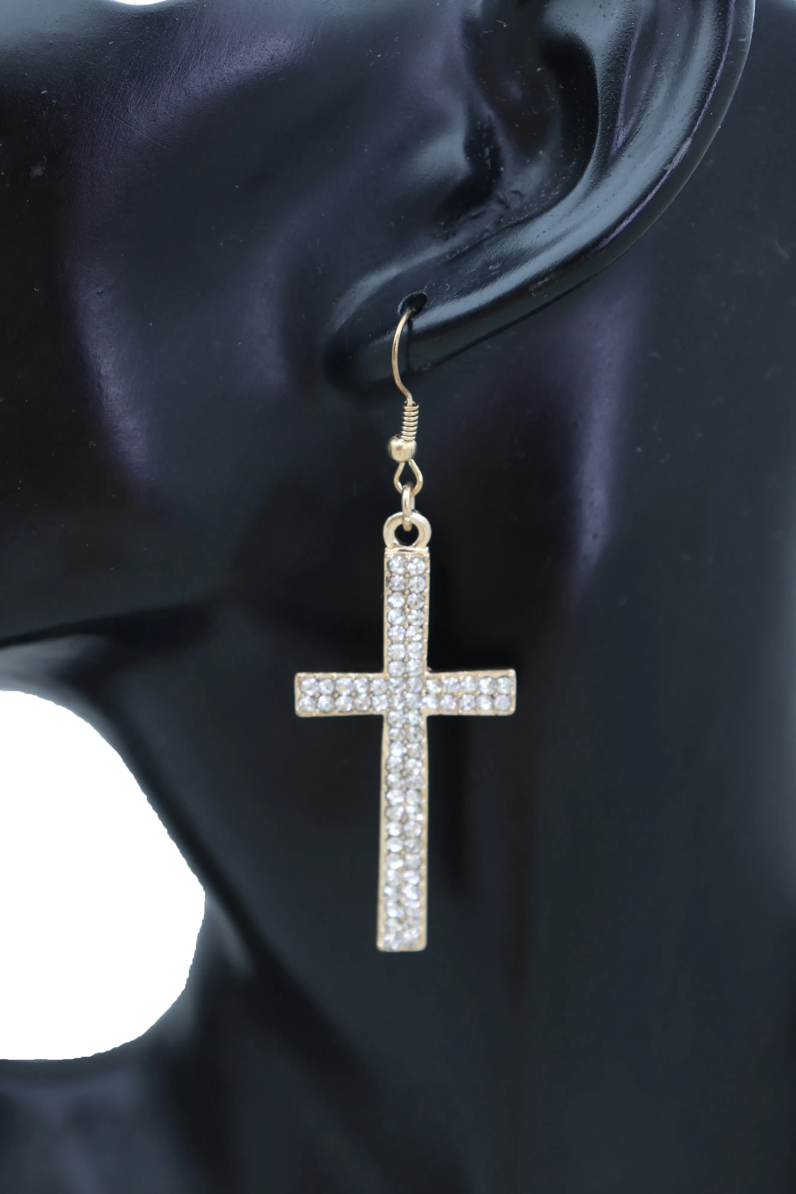 Double Row Gold Metal Rhinestone Cross Earrings