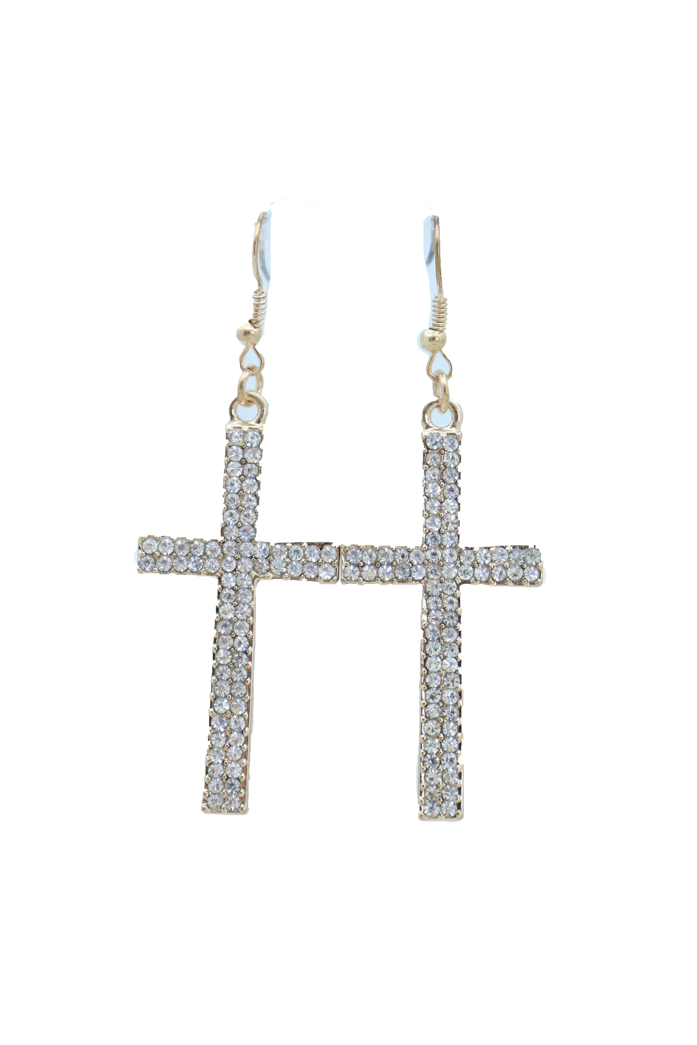 Double Row Gold Metal Rhinestone Cross Earrings