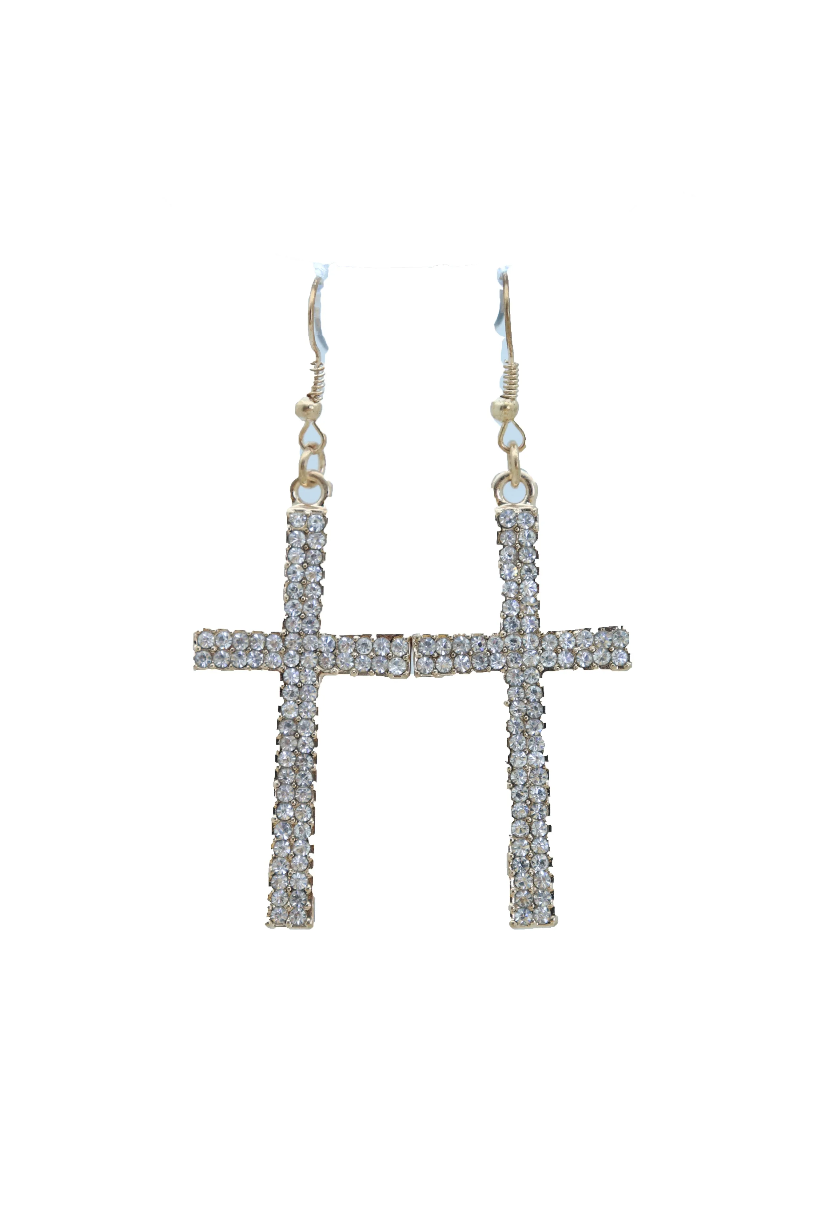 Double Row Gold Metal Rhinestone Cross Earrings