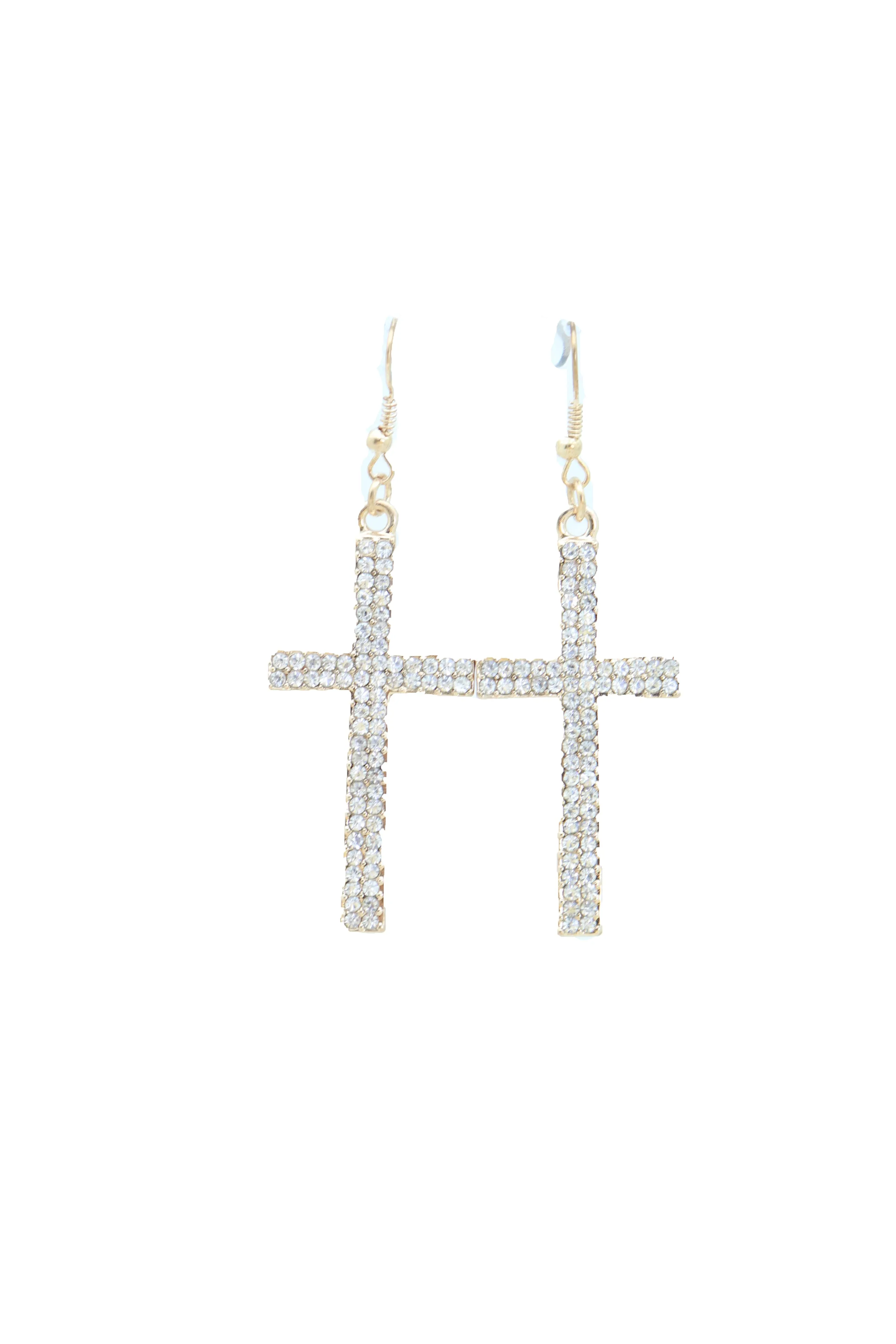 Double Row Gold Metal Rhinestone Cross Earrings