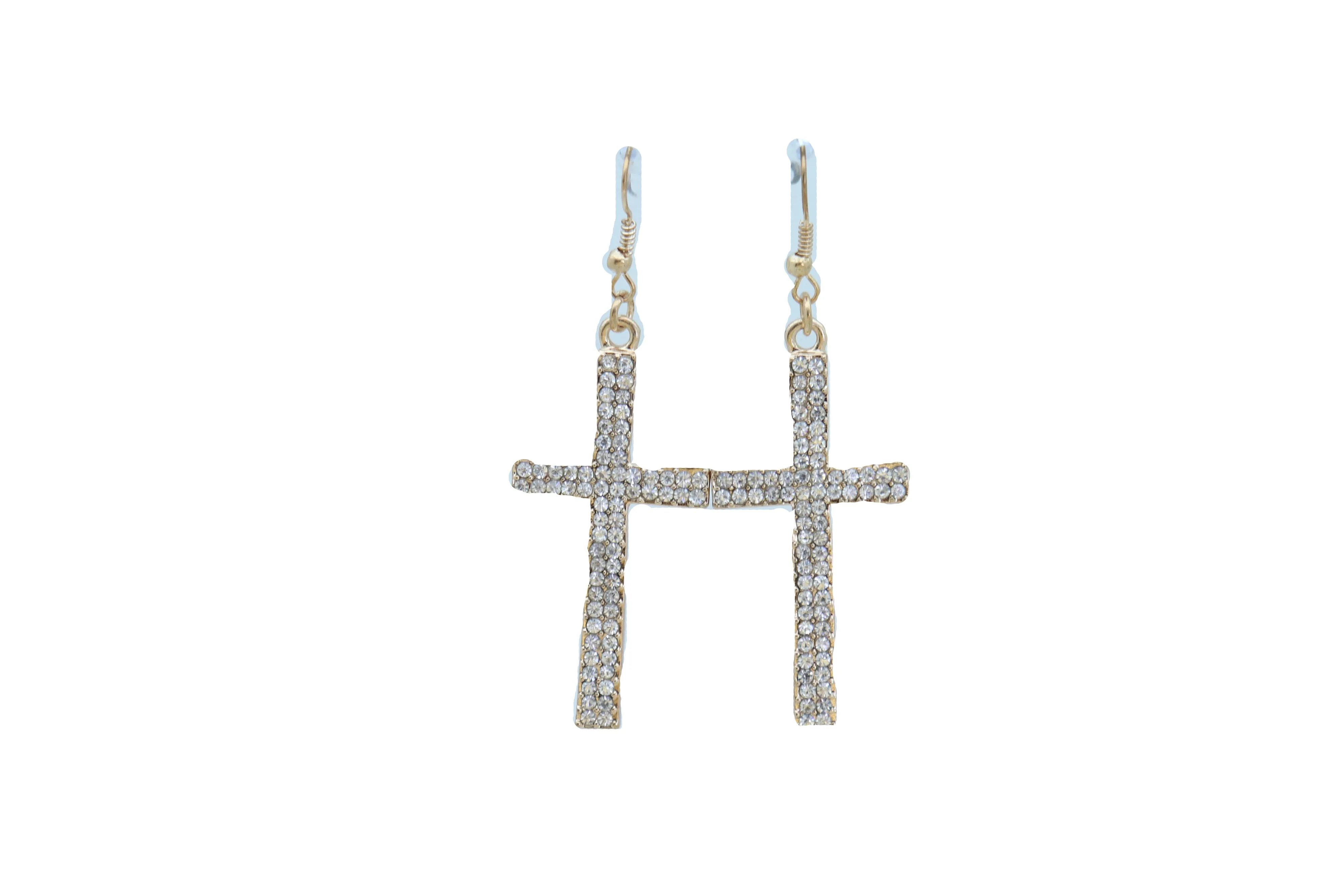 Double Row Gold Metal Rhinestone Cross Earrings