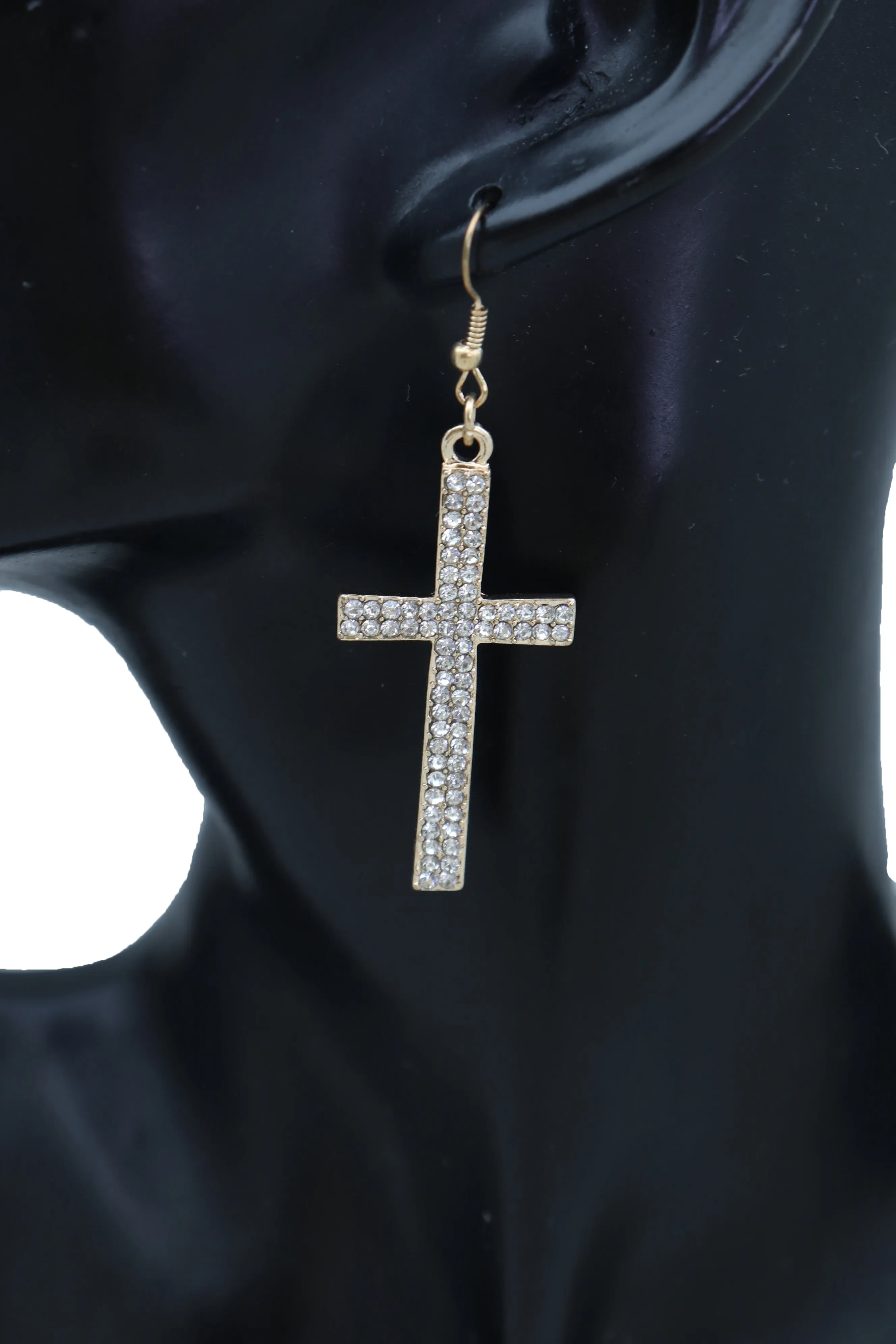 Double Row Gold Metal Rhinestone Cross Earrings