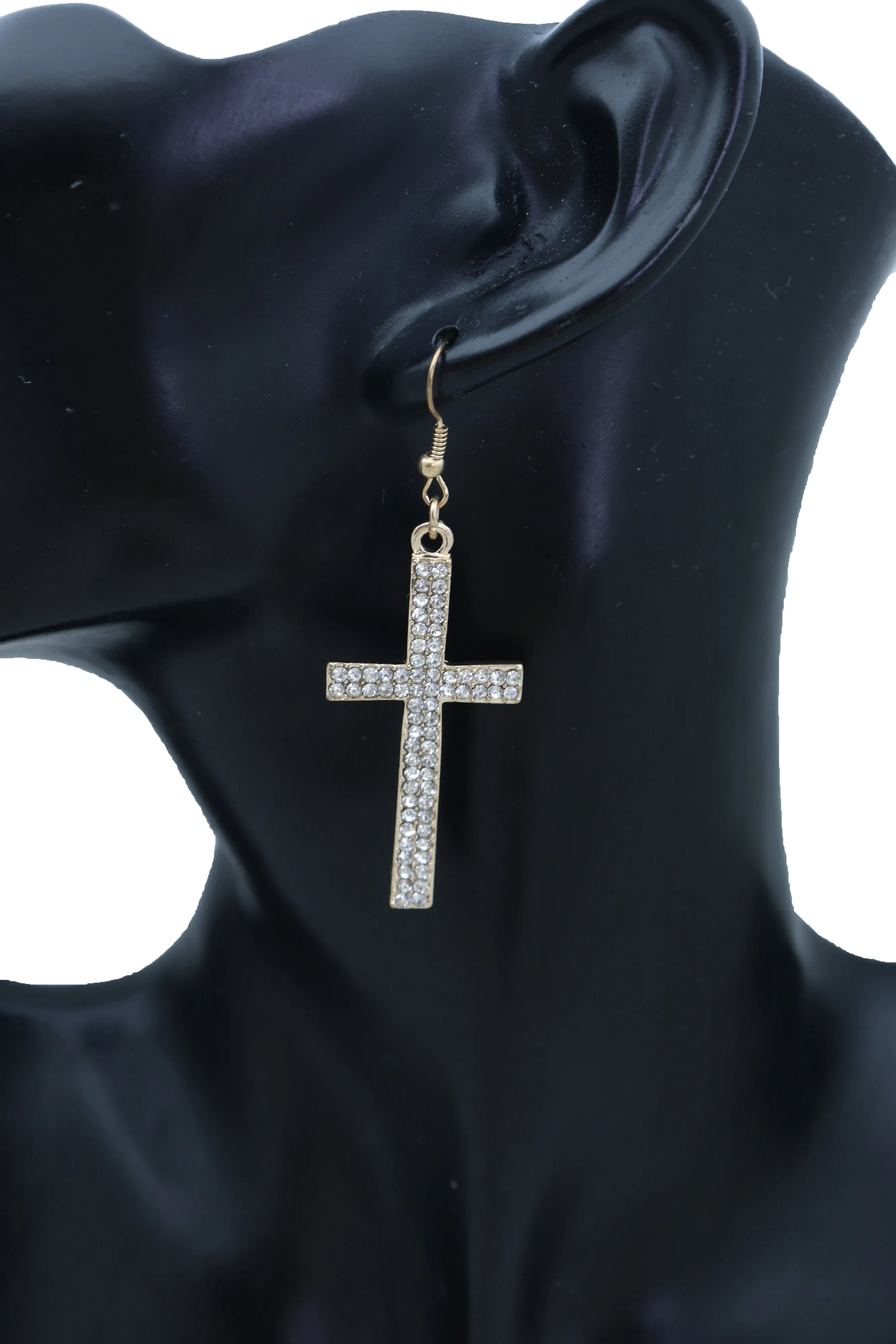 Double Row Gold Metal Rhinestone Cross Earrings