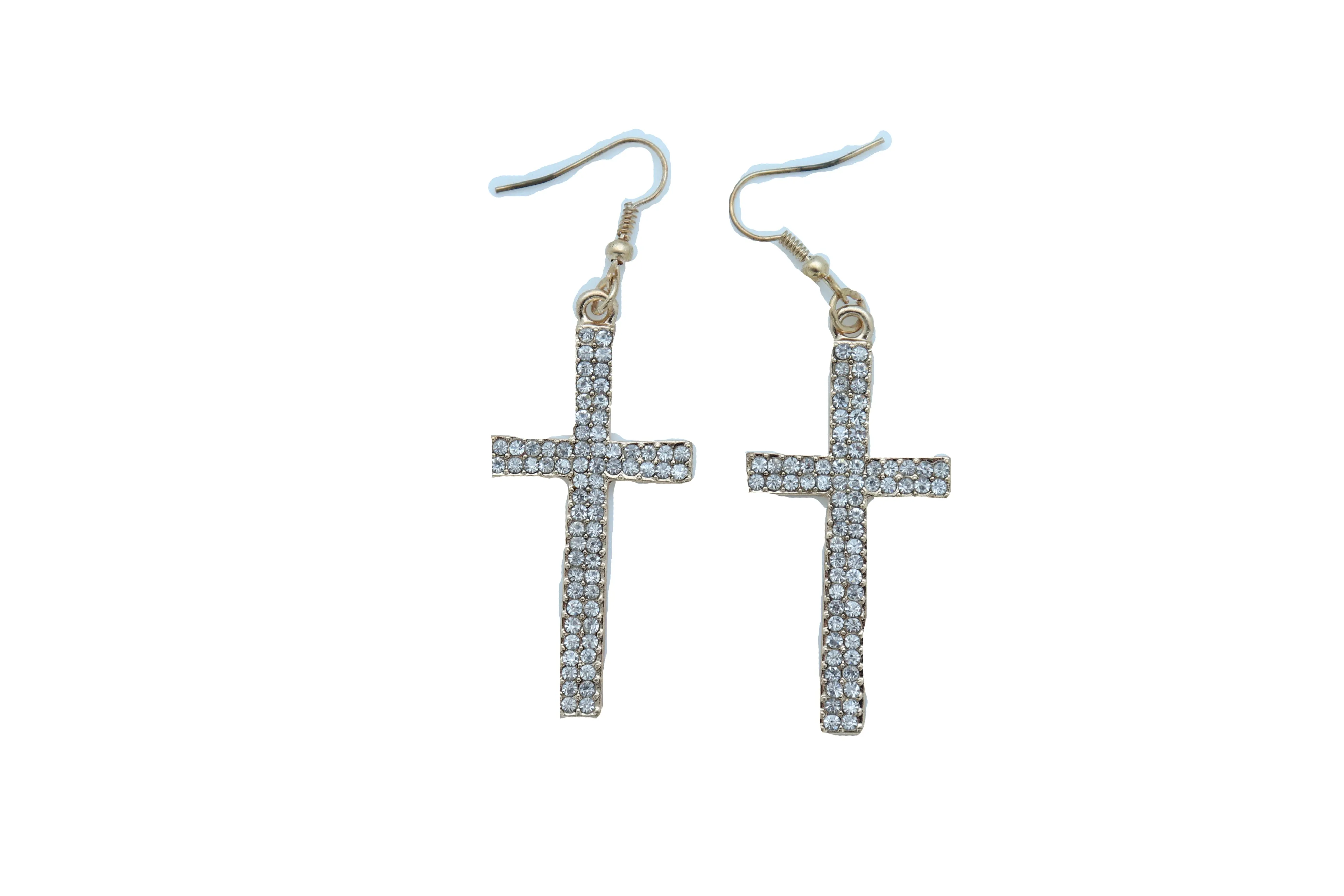 Double Row Gold Metal Rhinestone Cross Earrings