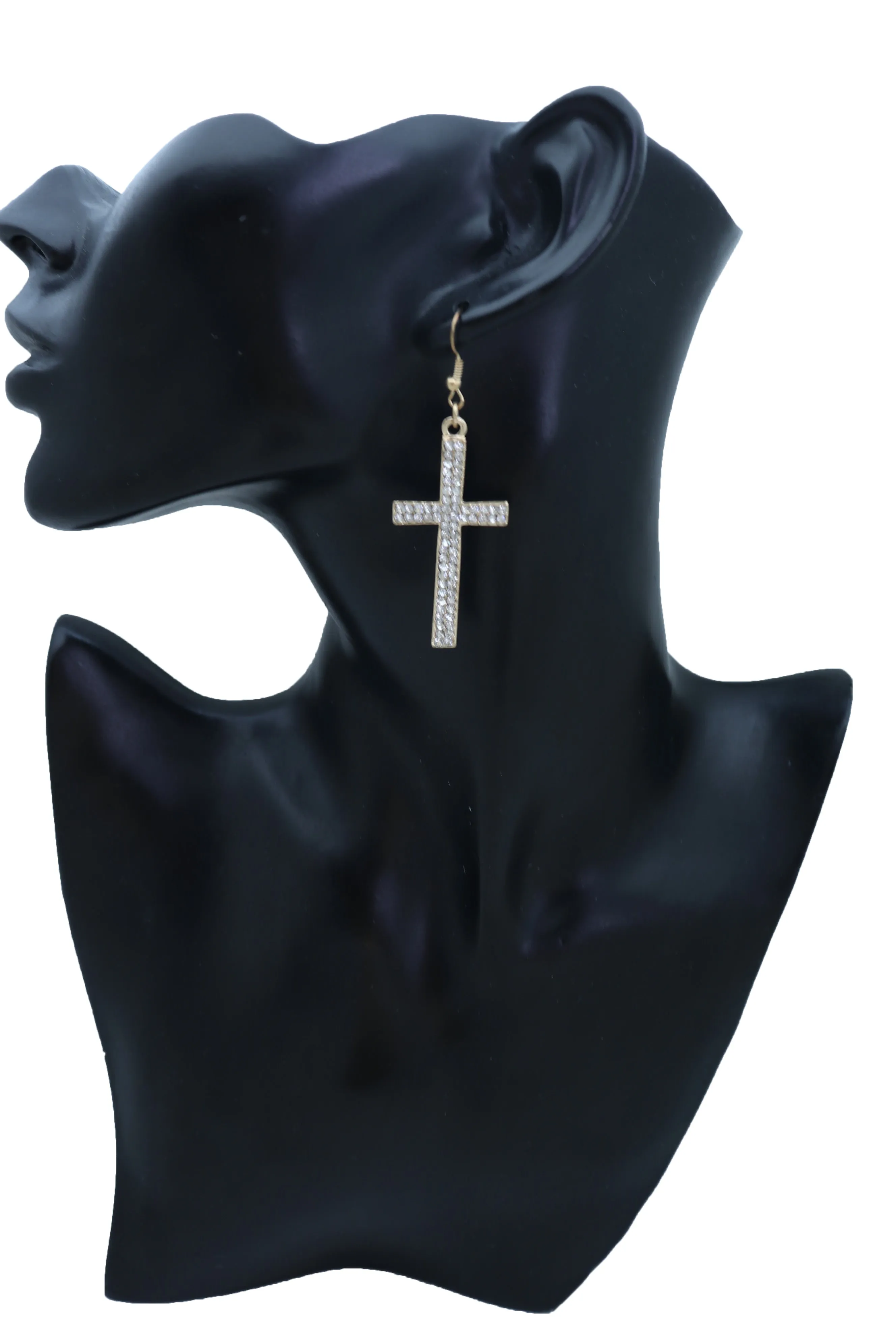 Double Row Gold Metal Rhinestone Cross Earrings
