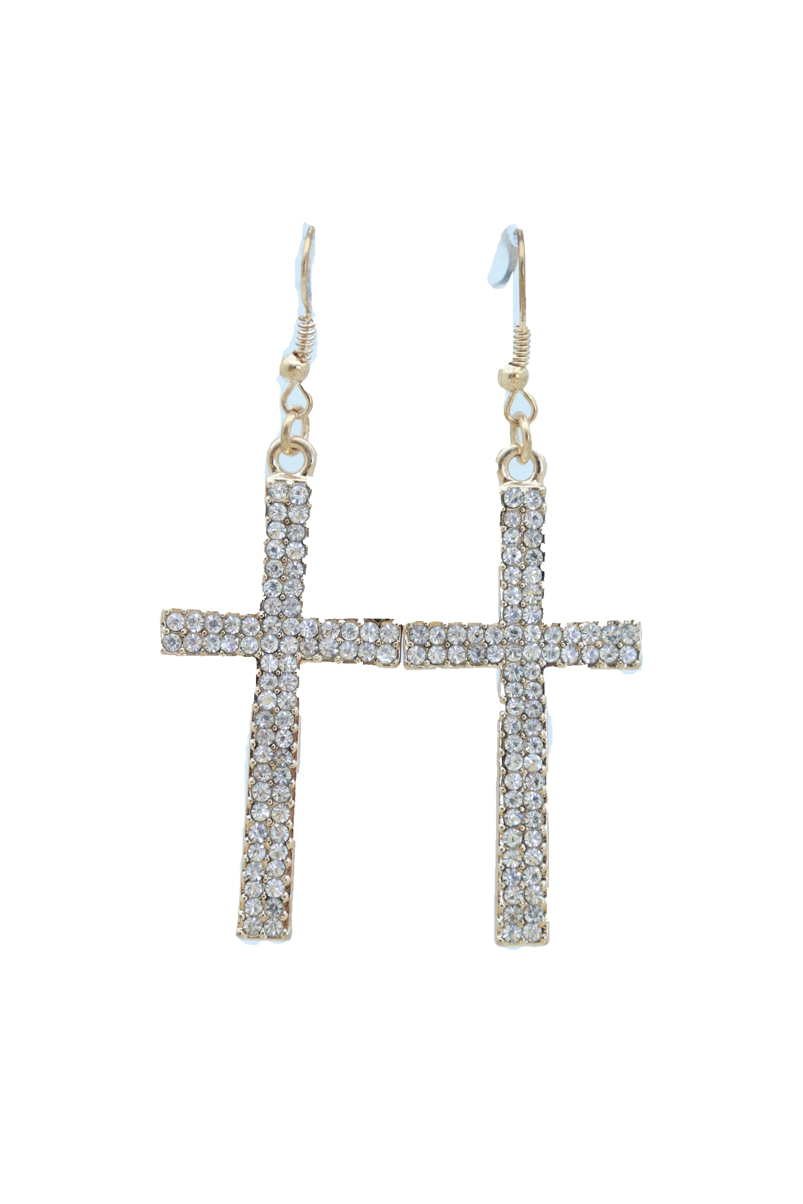 Double Row Gold Metal Rhinestone Cross Earrings