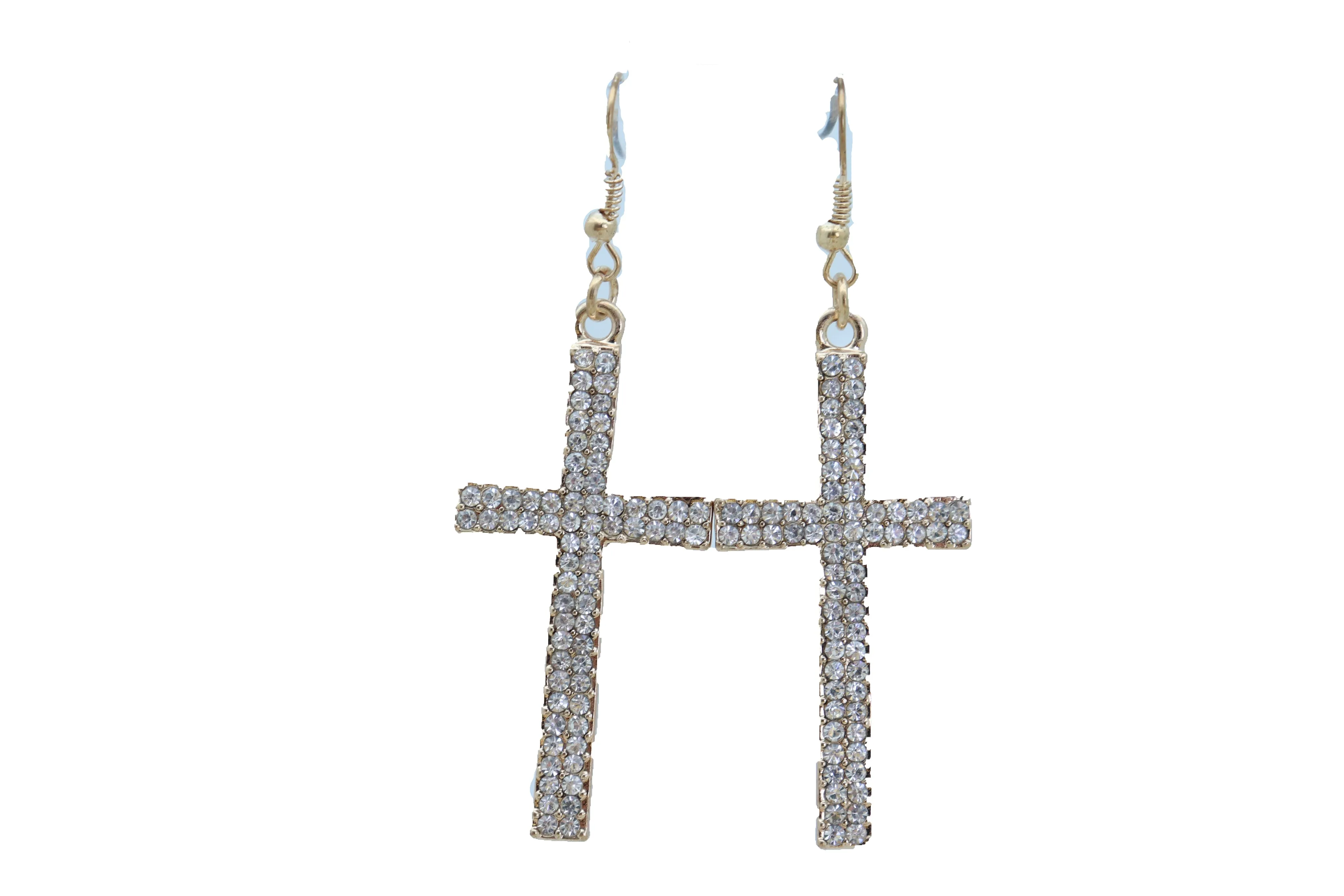 Double Row Gold Metal Rhinestone Cross Earrings