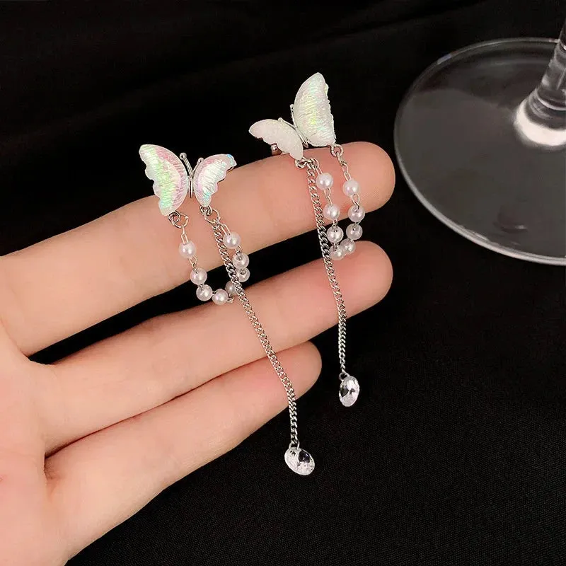 Fairy Zircon Shell Butterfly Tassel Ear Clips Angel Ear Bone Elf Pearl Dangle Fashion Y2K Earring