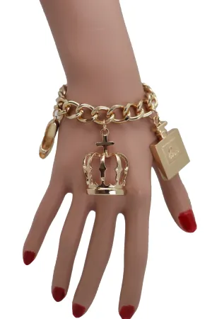 Gold Metal Chain Crown Pump Shoe Perfume Lipstick Infinity Charms Bracelet