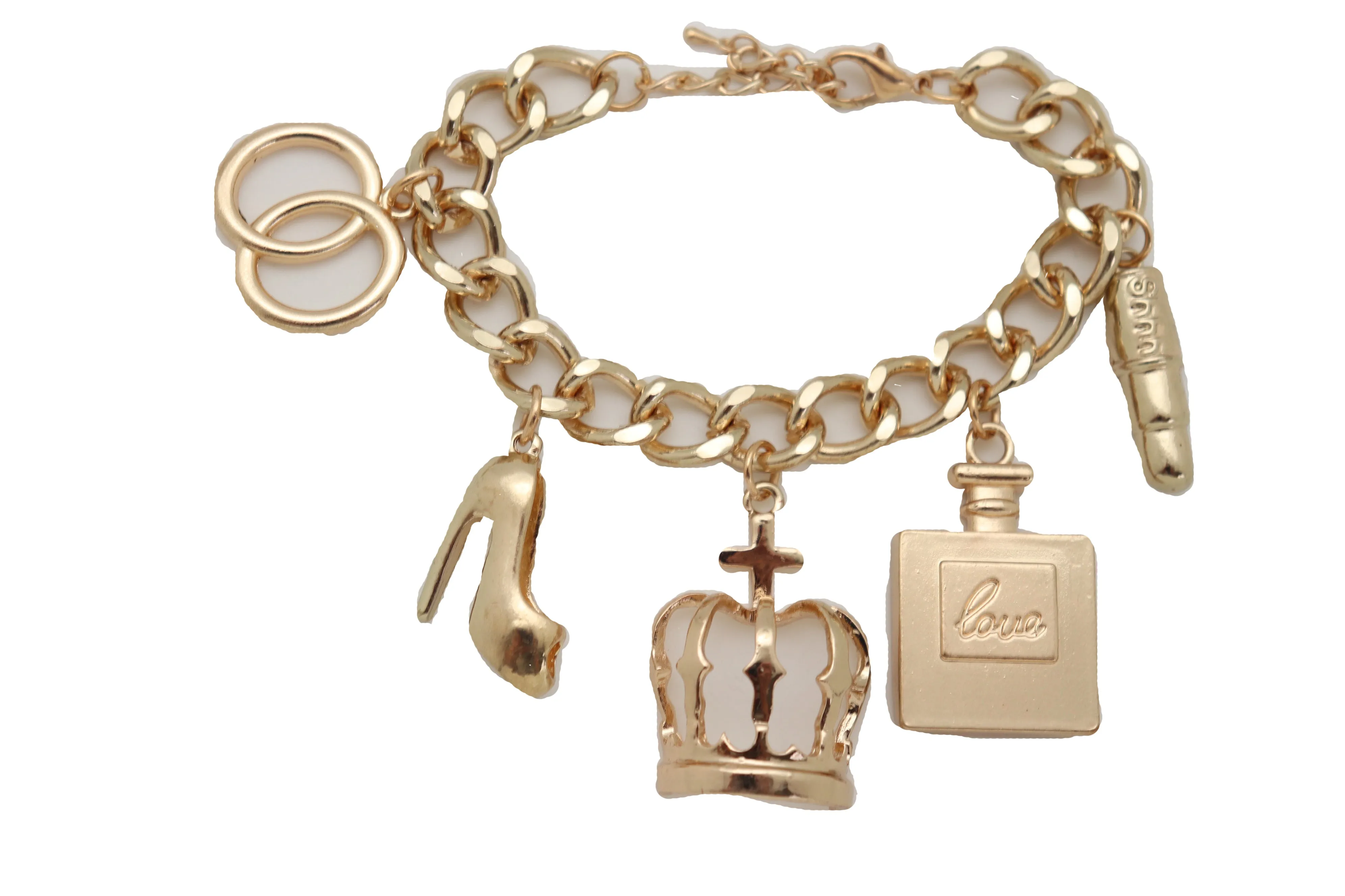Gold Metal Chain Crown Pump Shoe Perfume Lipstick Infinity Charms Bracelet
