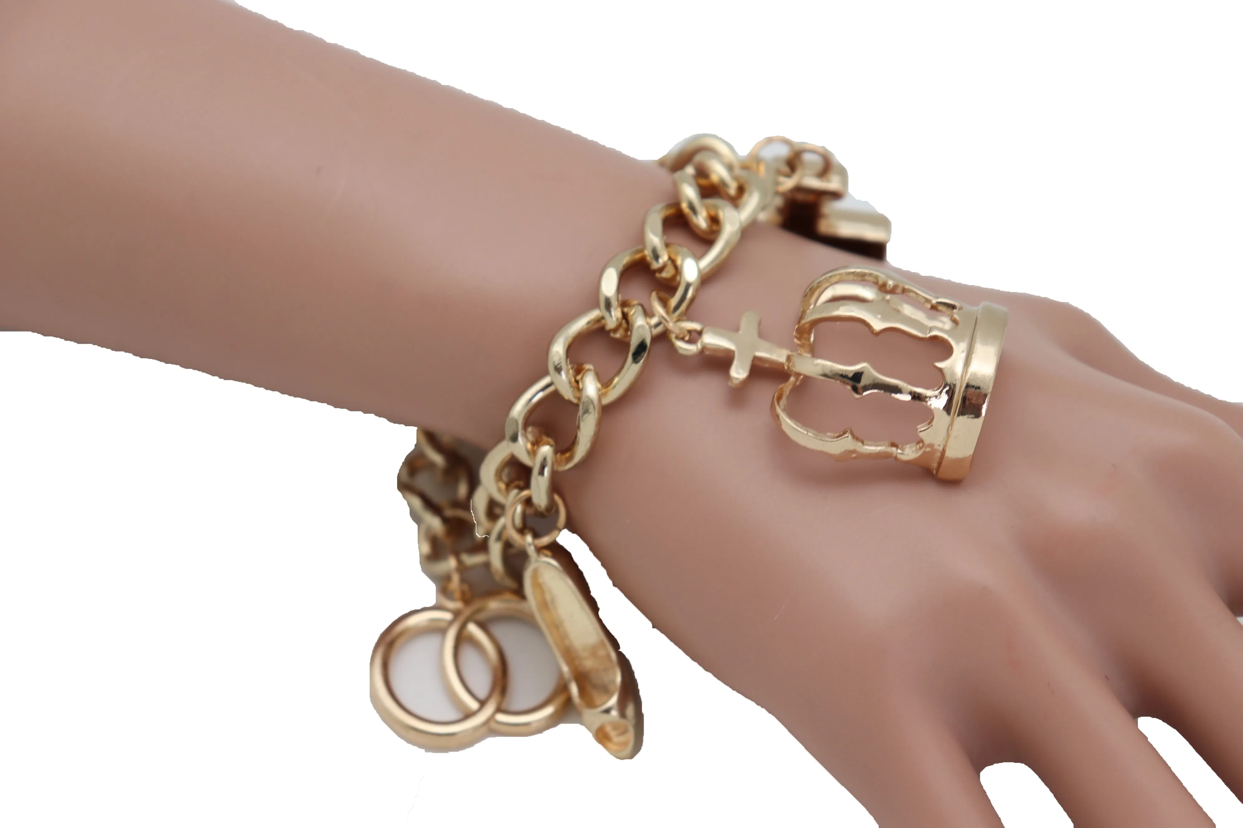 Gold Metal Chain Crown Pump Shoe Perfume Lipstick Infinity Charms Bracelet