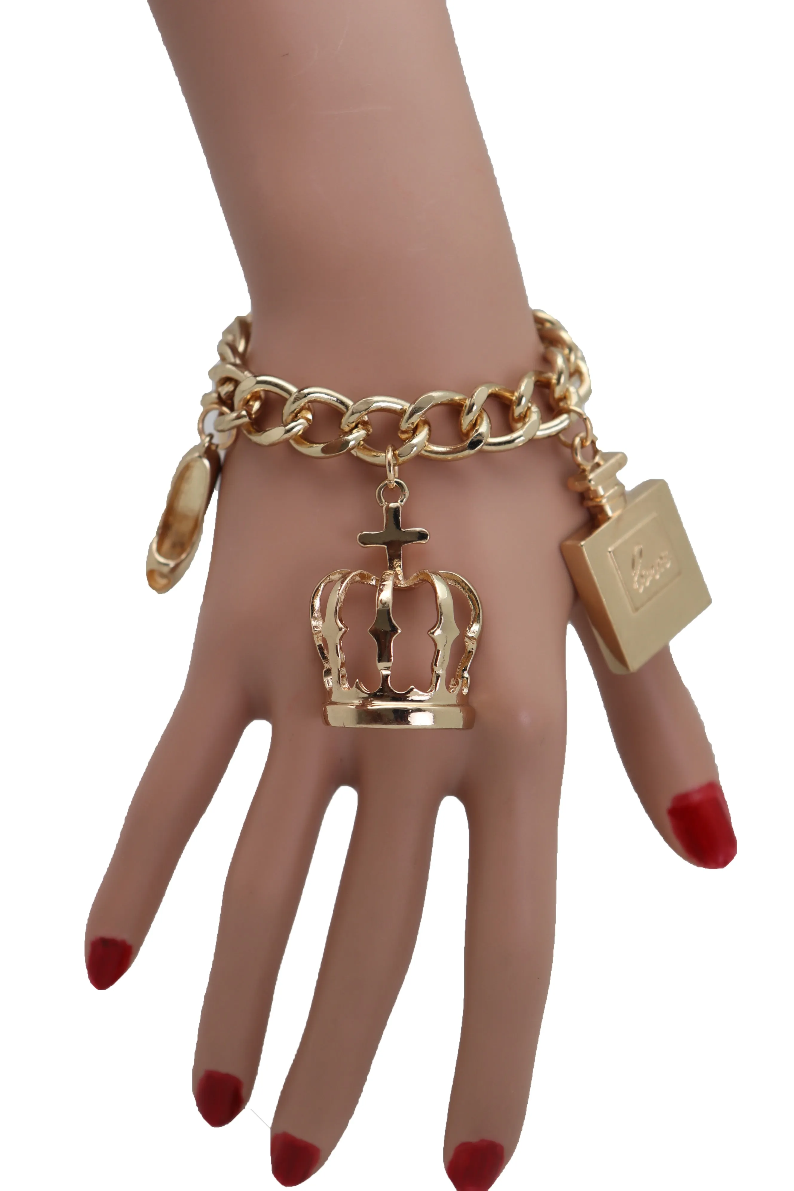 Gold Metal Chain Crown Pump Shoe Perfume Lipstick Infinity Charms Bracelet
