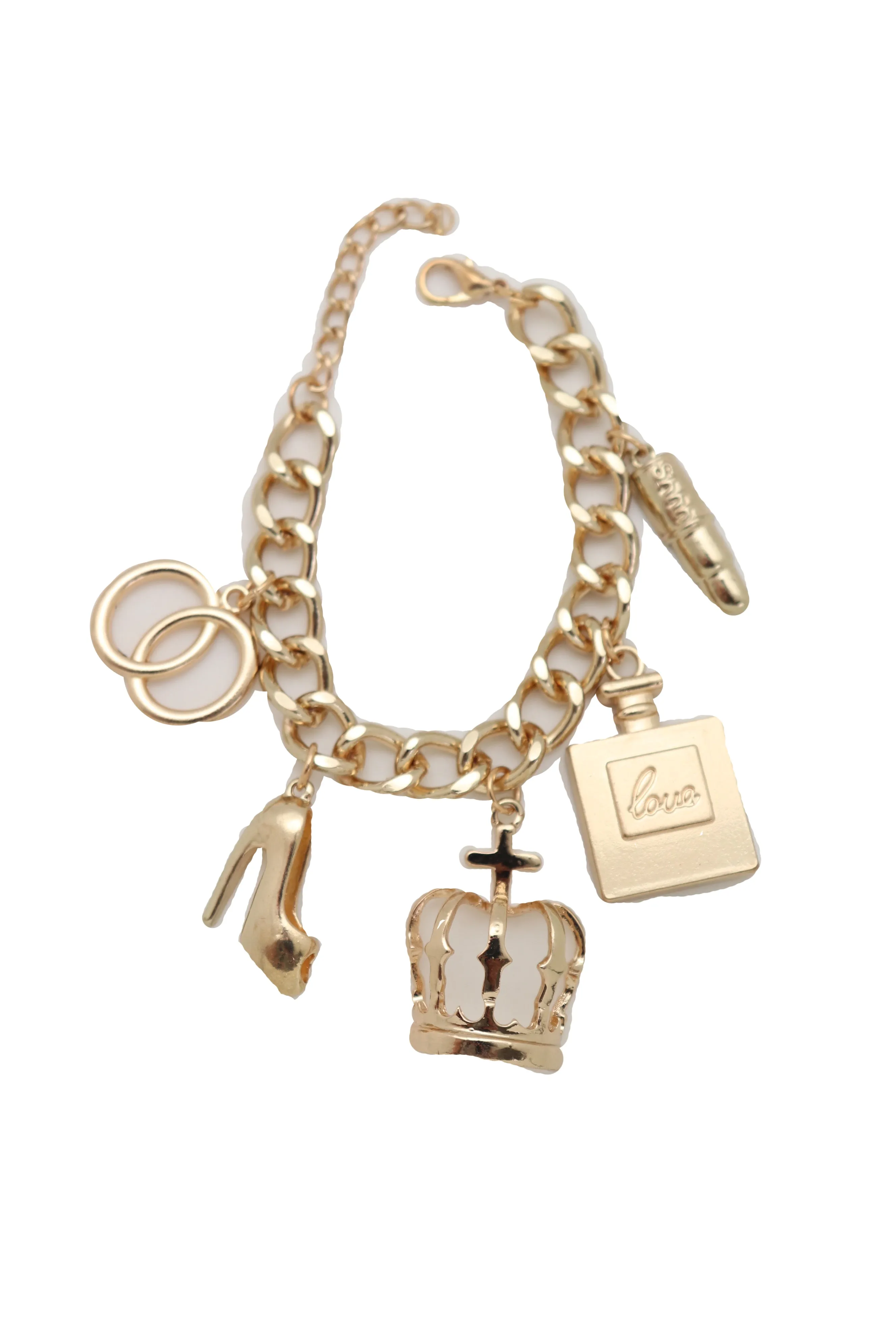 Gold Metal Chain Crown Pump Shoe Perfume Lipstick Infinity Charms Bracelet