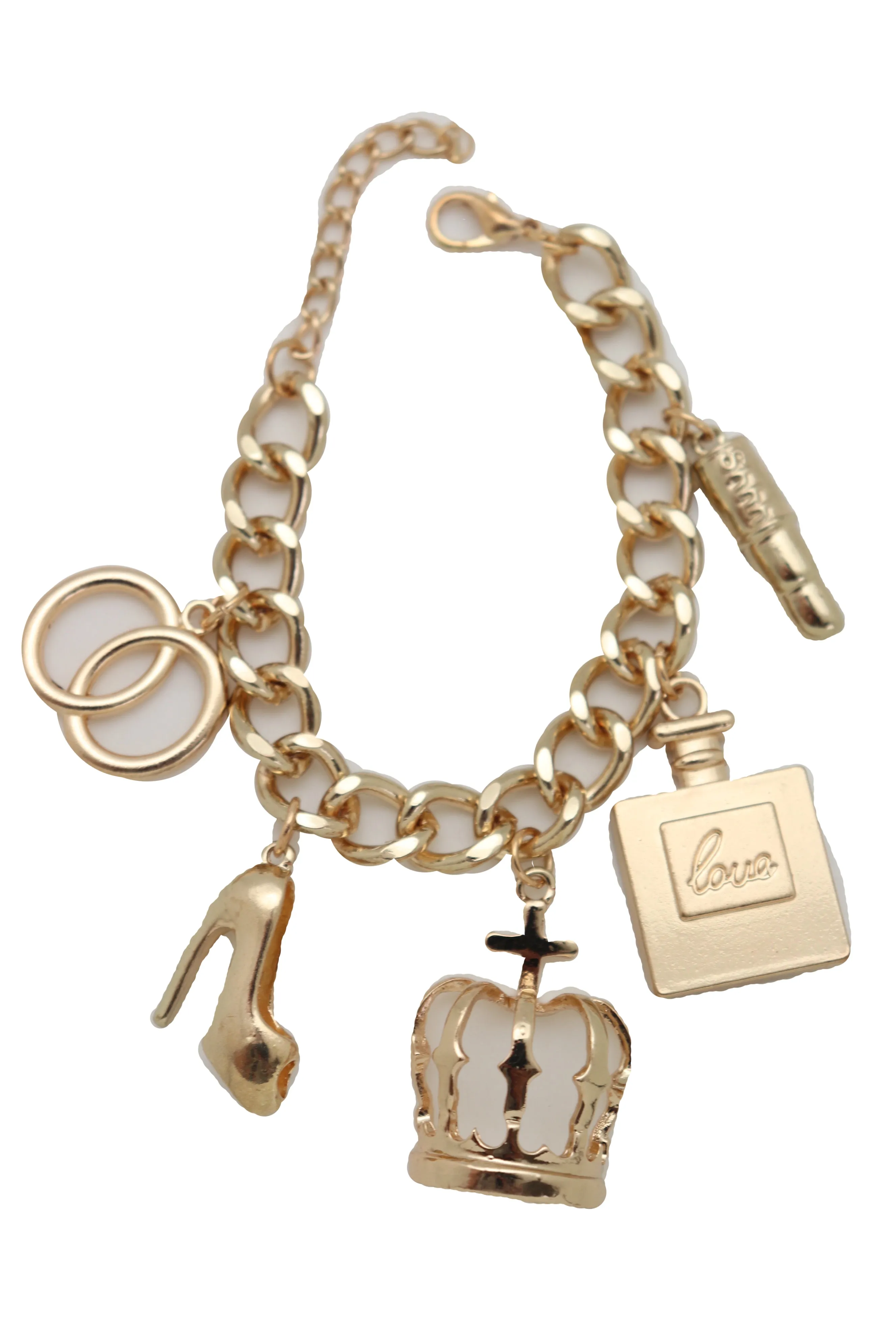 Gold Metal Chain Crown Pump Shoe Perfume Lipstick Infinity Charms Bracelet