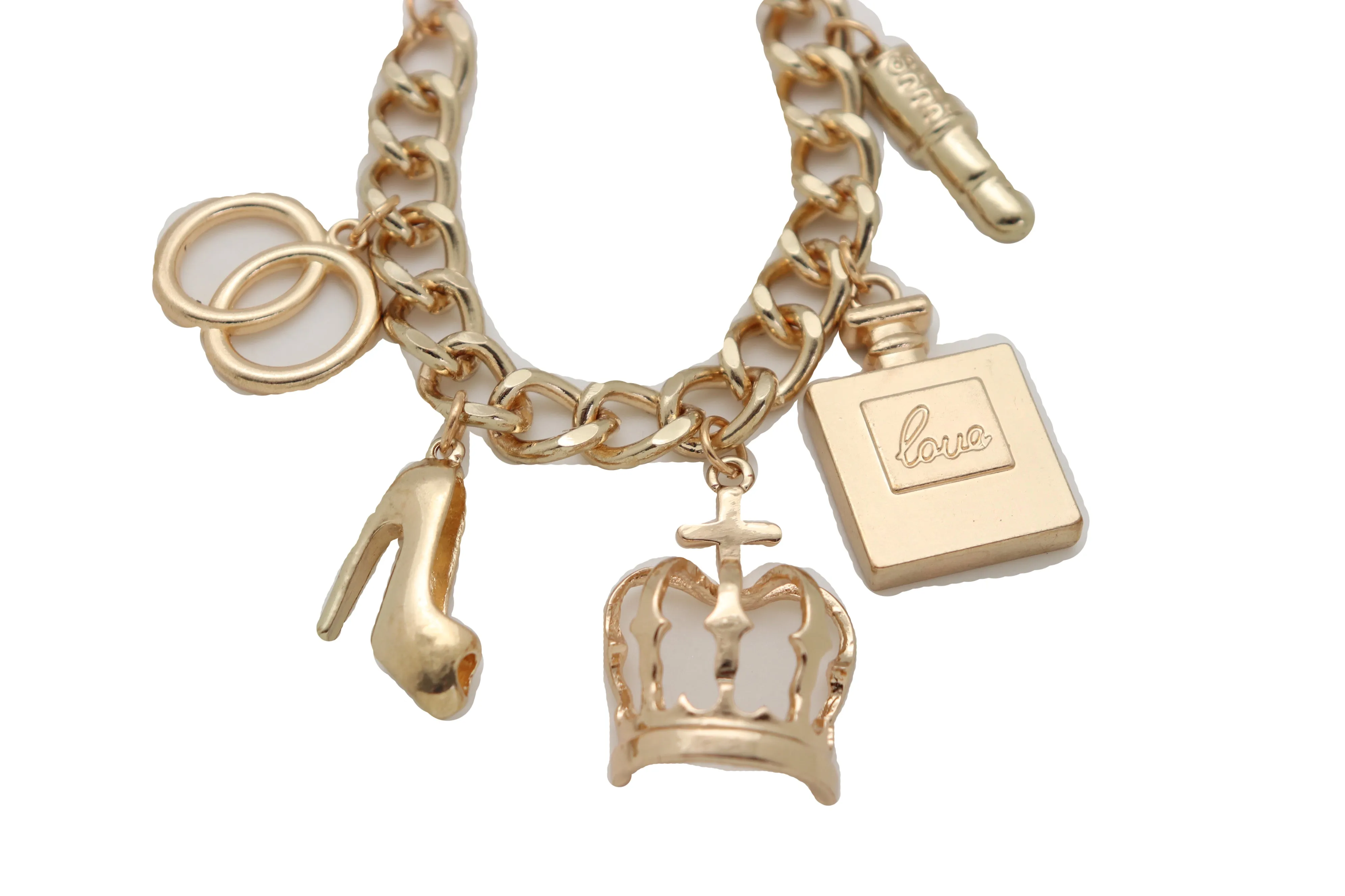 Gold Metal Chain Crown Pump Shoe Perfume Lipstick Infinity Charms Bracelet
