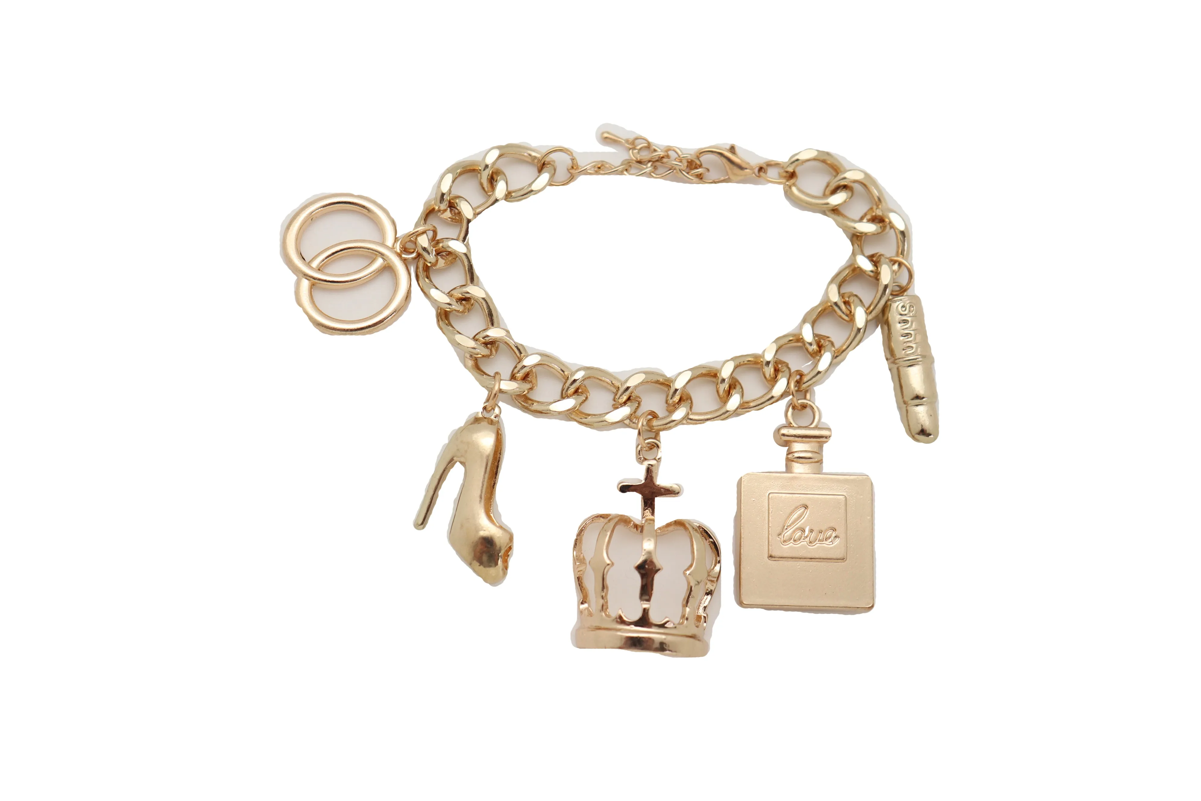 Gold Metal Chain Crown Pump Shoe Perfume Lipstick Infinity Charms Bracelet