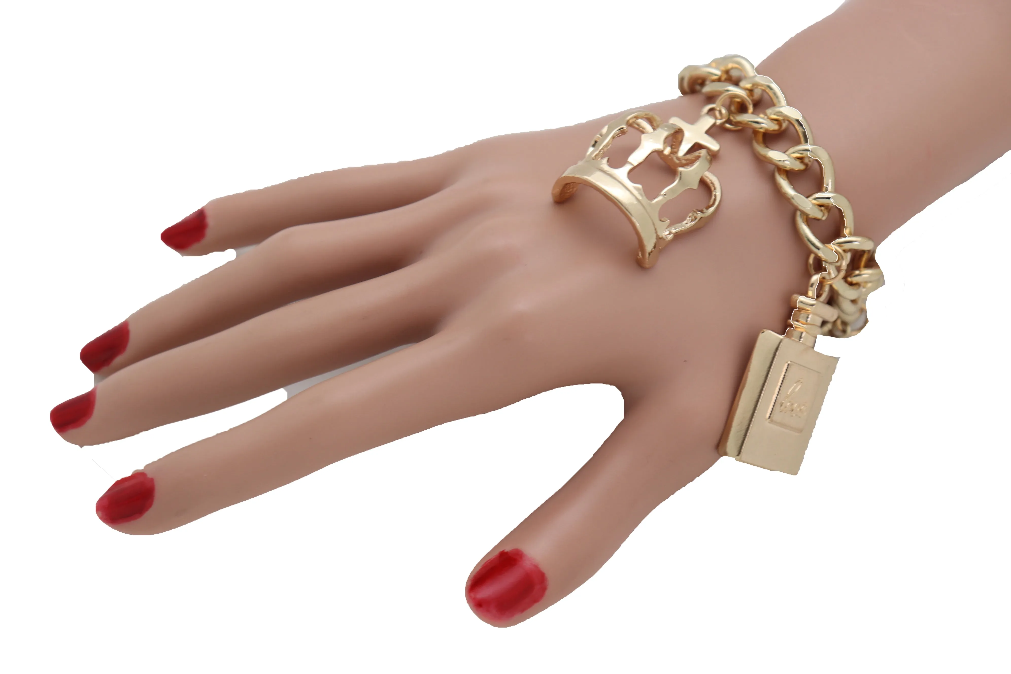 Gold Metal Chain Crown Pump Shoe Perfume Lipstick Infinity Charms Bracelet