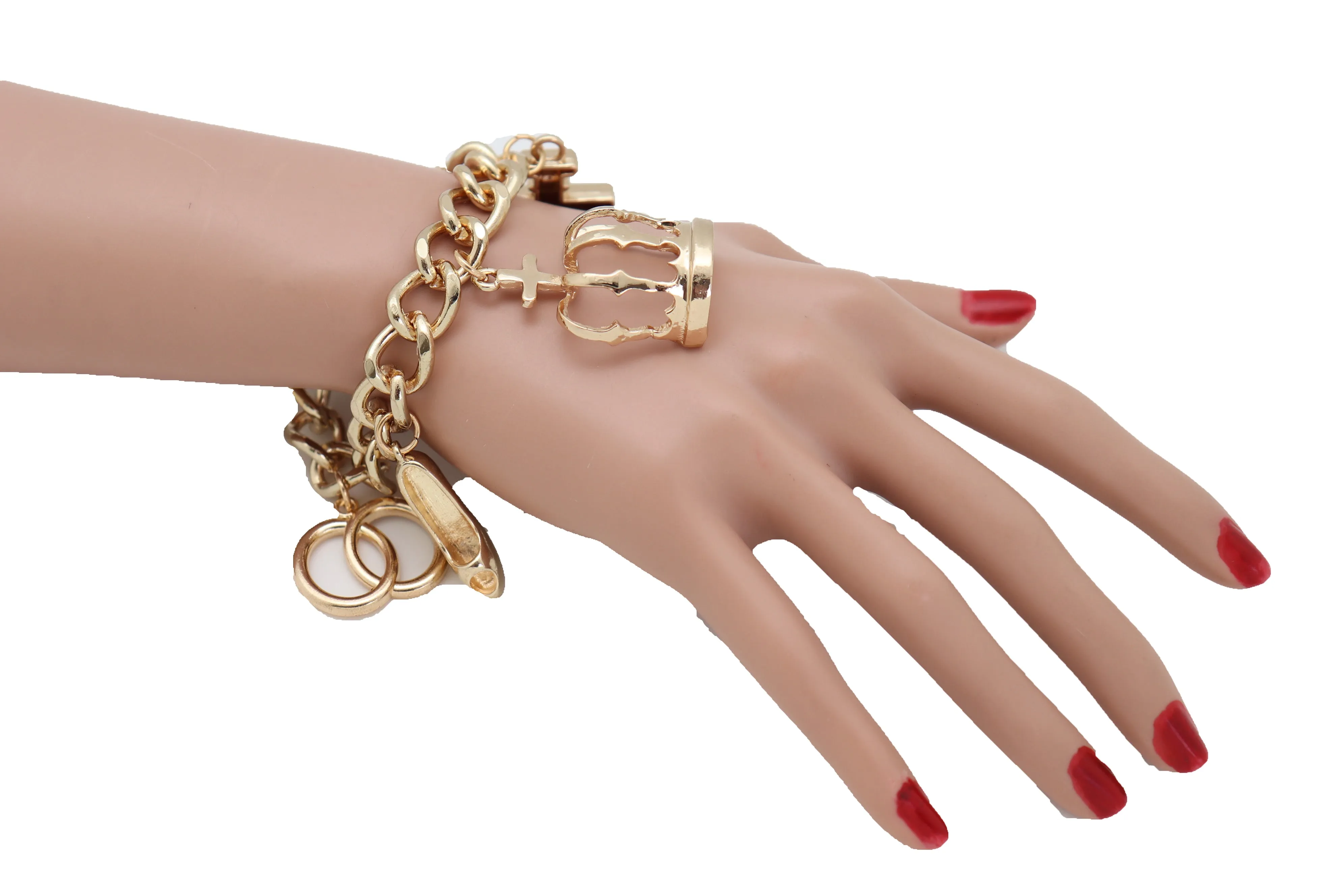 Gold Metal Chain Crown Pump Shoe Perfume Lipstick Infinity Charms Bracelet