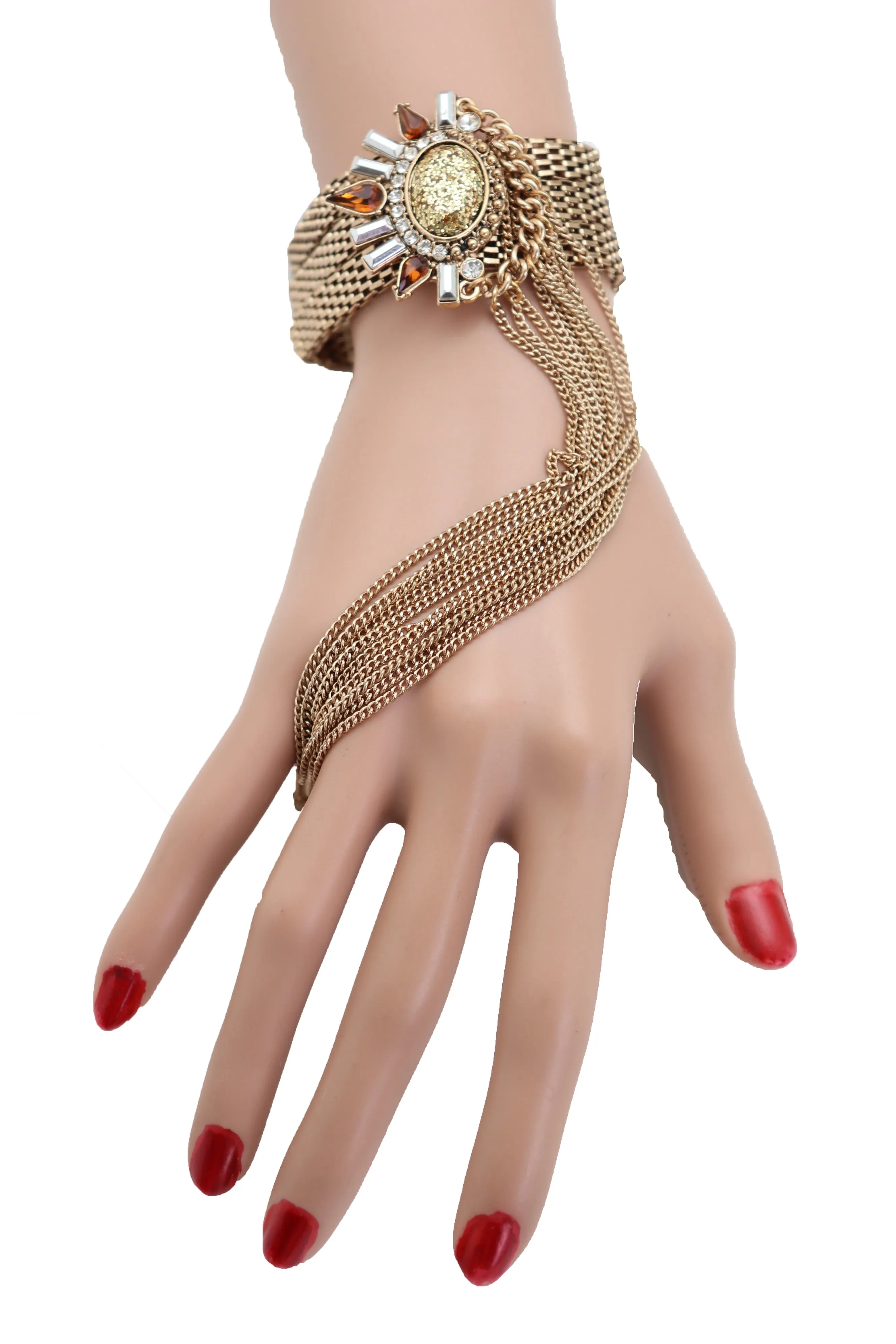Gold Metal Chain Long Tassel Bracelet Bling Sun Bead Artsy
