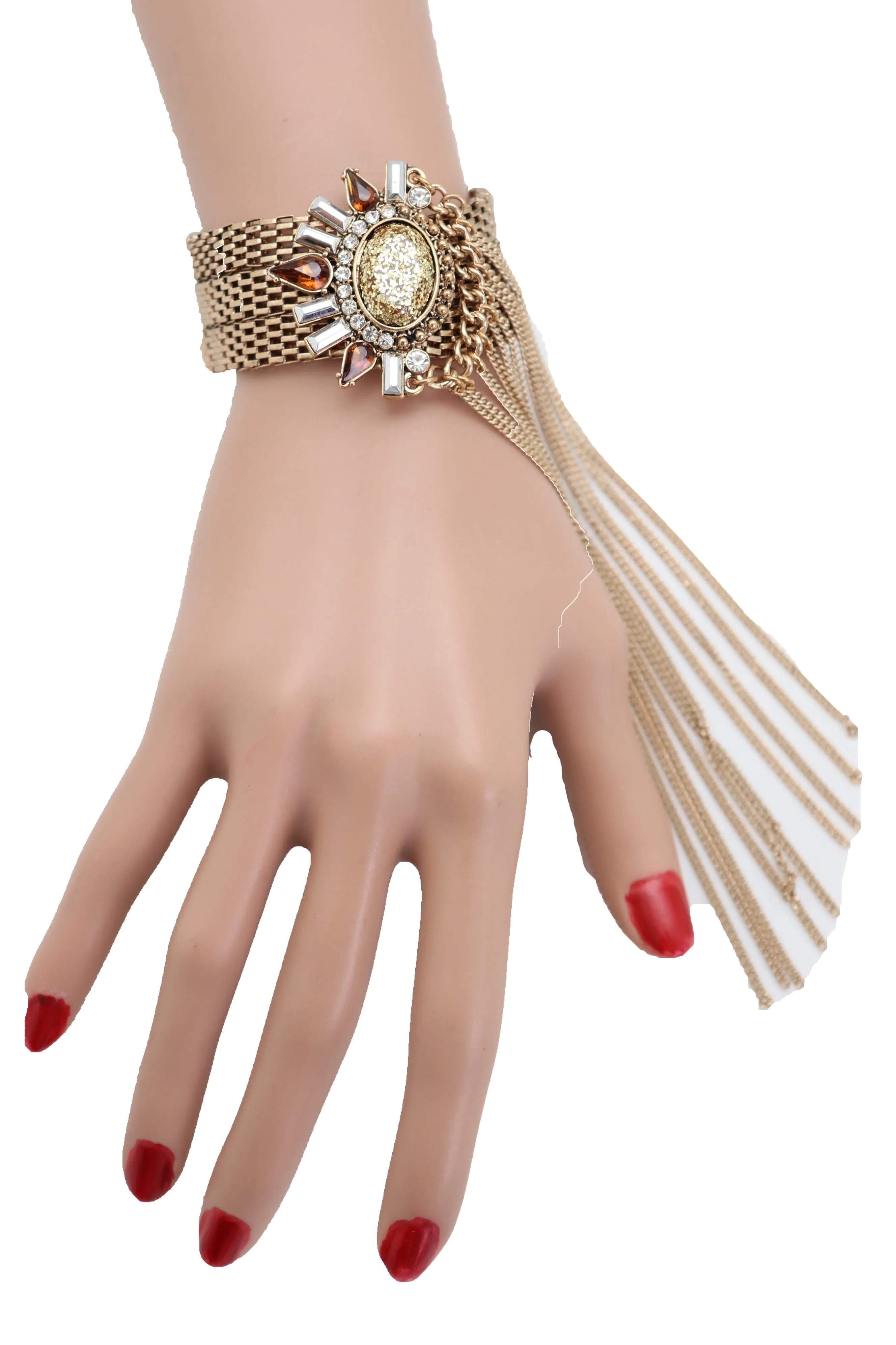 Gold Metal Chain Long Tassel Bracelet Bling Sun Bead Artsy