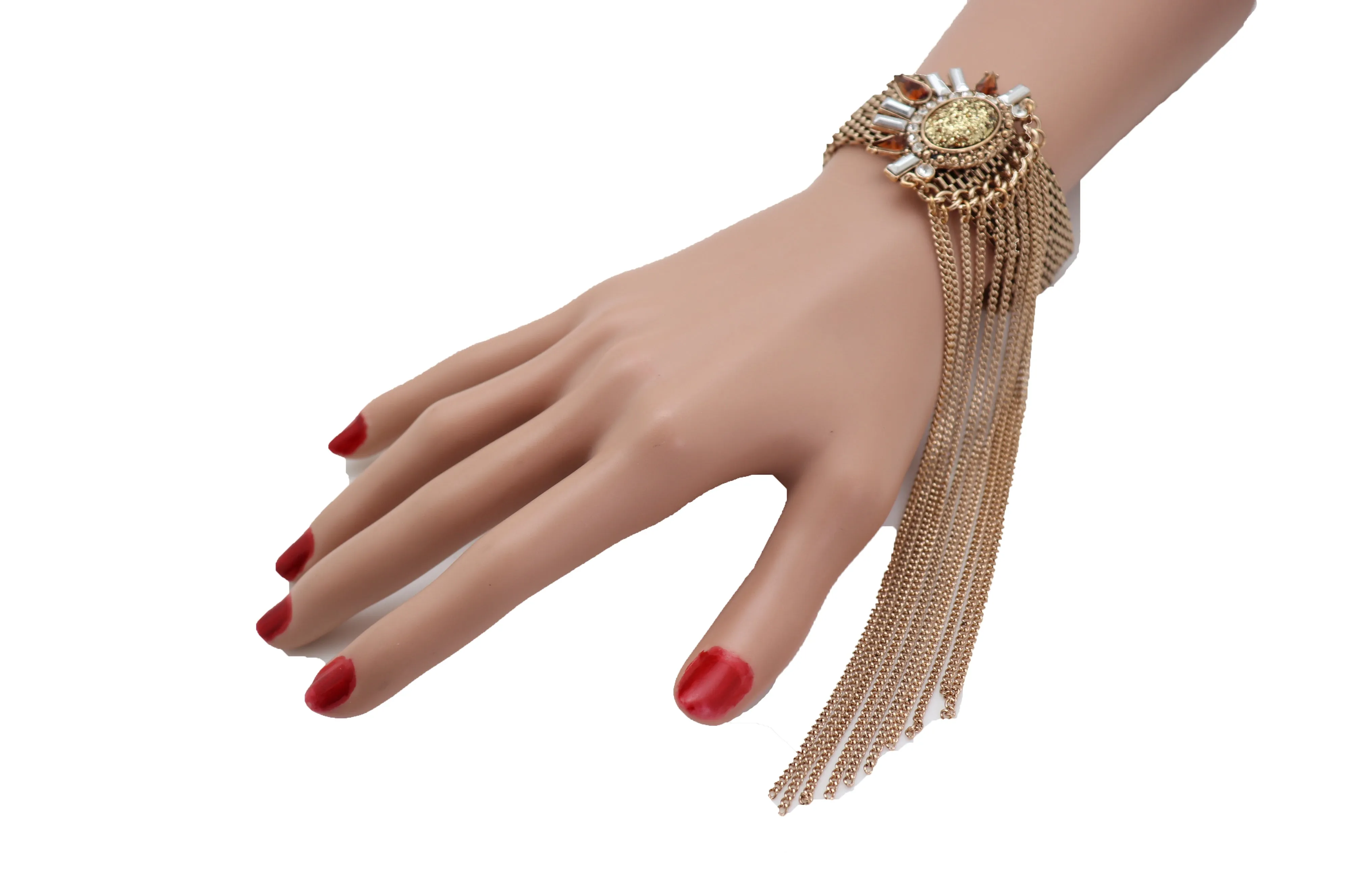 Gold Metal Chain Long Tassel Bracelet Bling Sun Bead Artsy