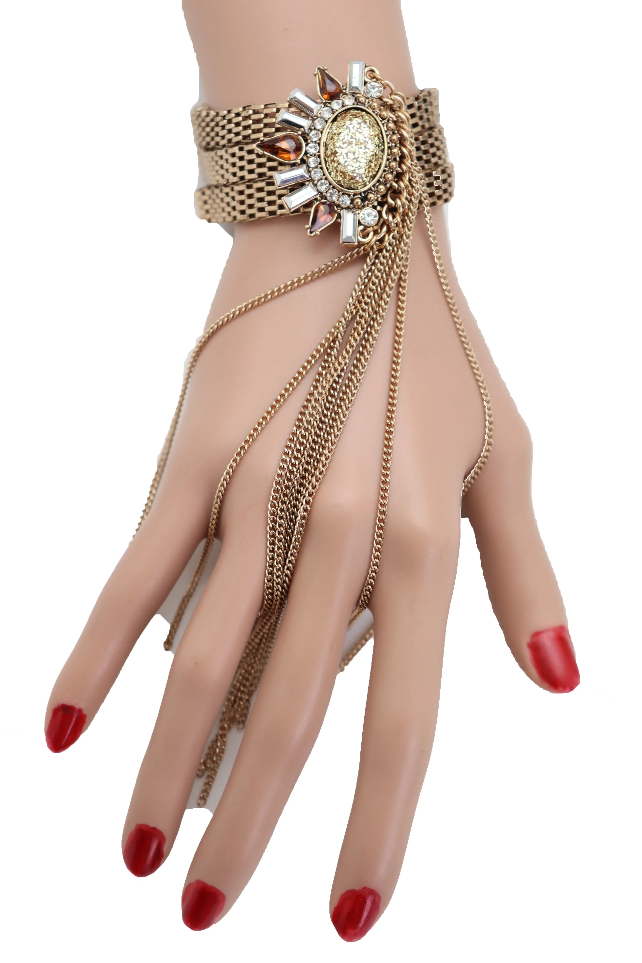Gold Metal Chain Long Tassel Bracelet Bling Sun Bead Artsy