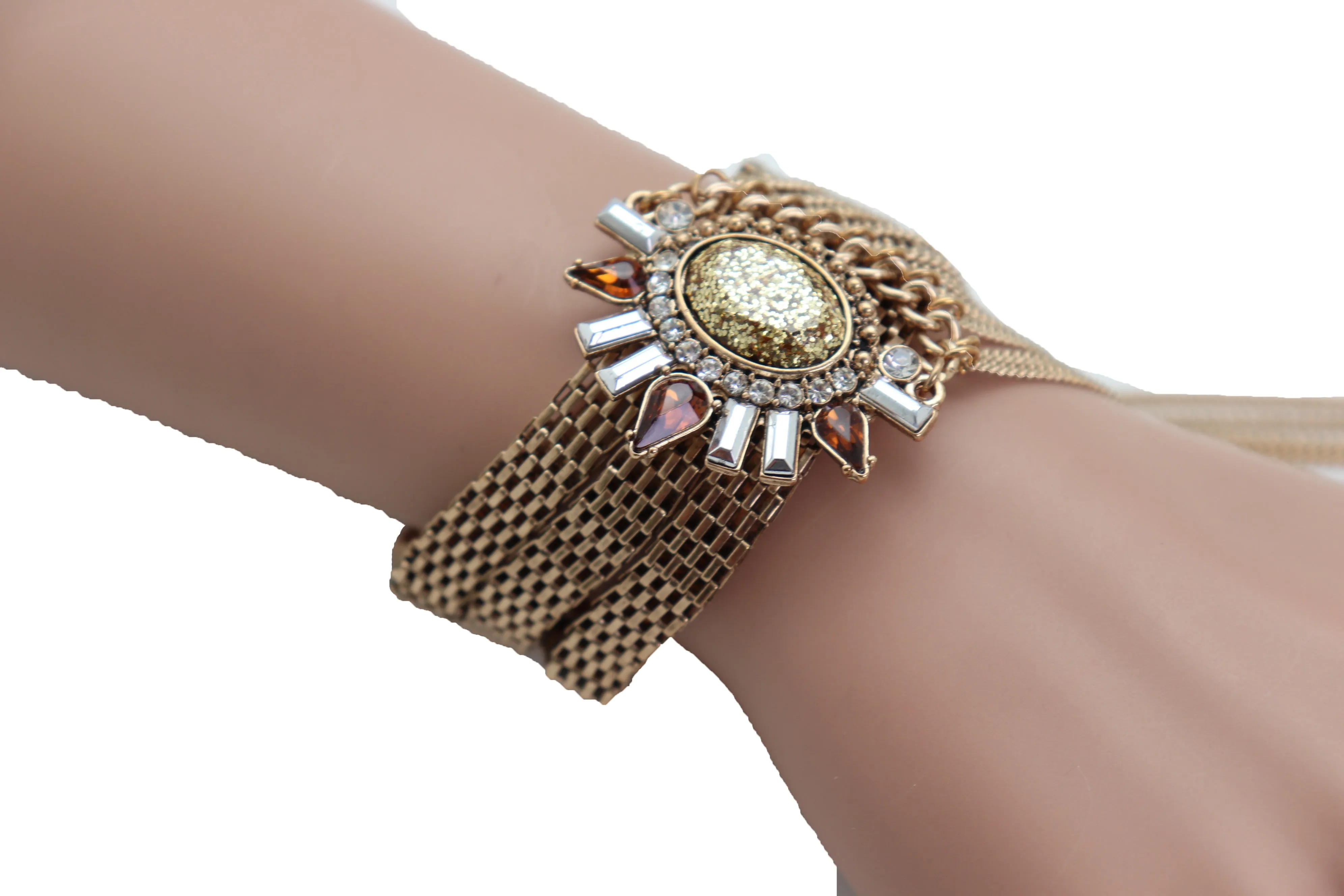 Gold Metal Chain Long Tassel Bracelet Bling Sun Bead Artsy