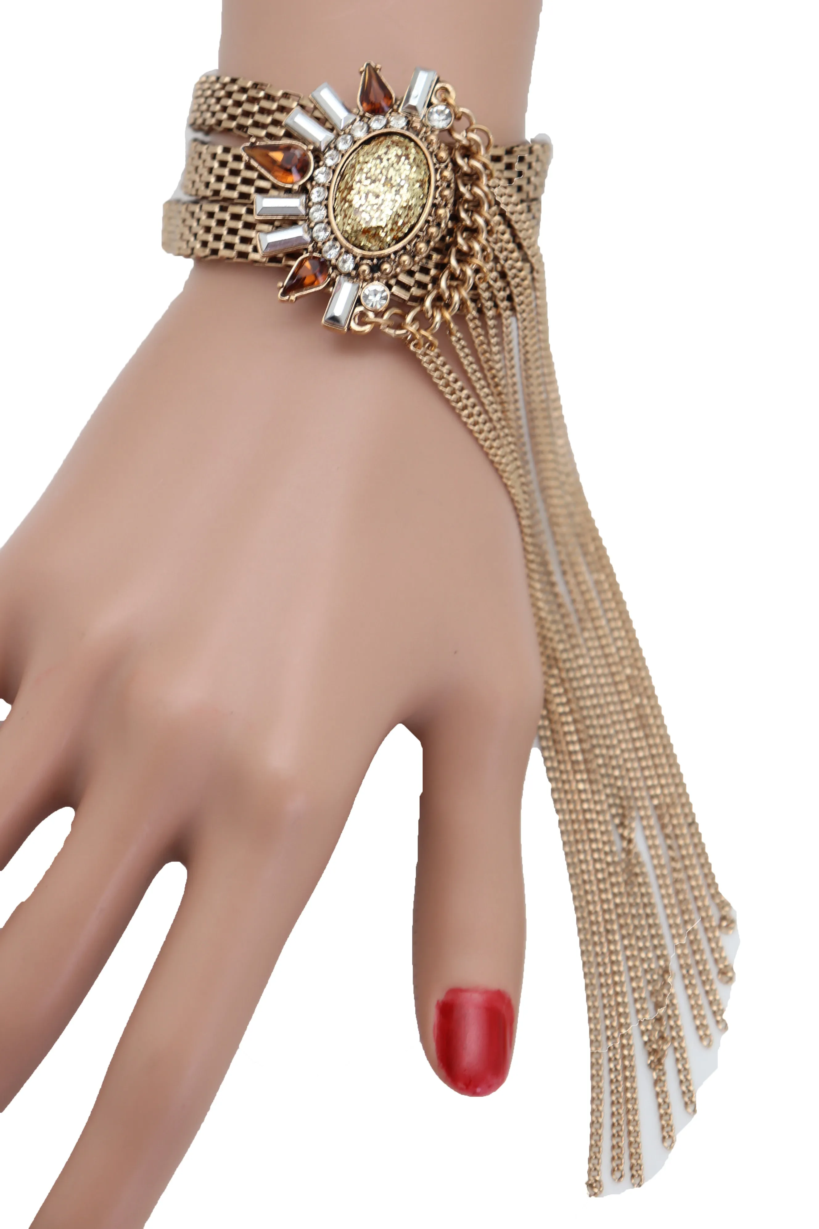 Gold Metal Chain Long Tassel Bracelet Bling Sun Bead Artsy