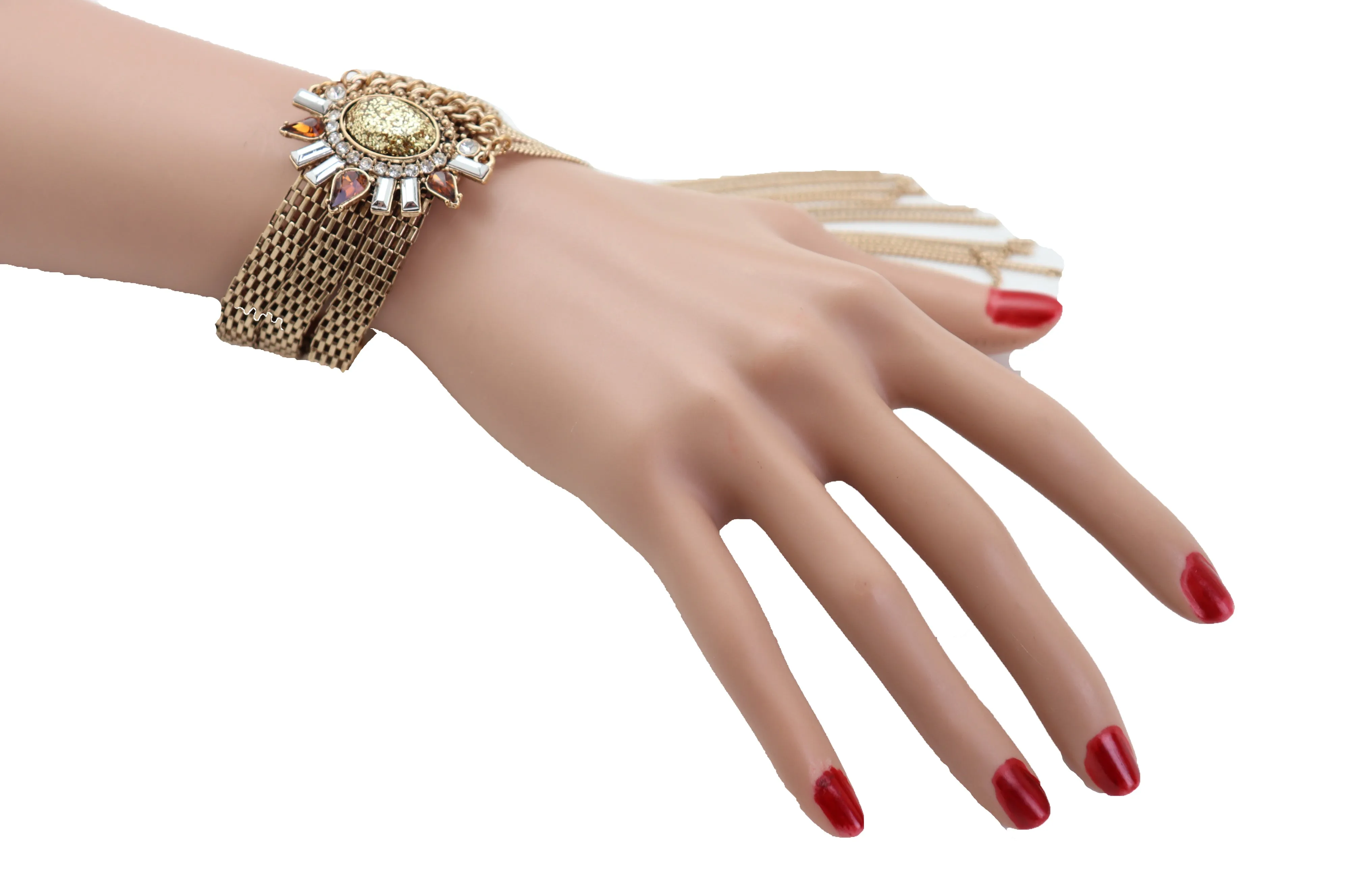 Gold Metal Chain Long Tassel Bracelet Bling Sun Bead Artsy