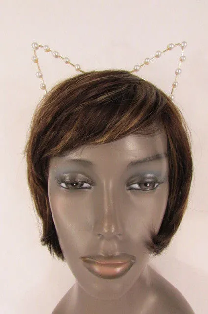 Gold Metal Fashion Head Band Small Animals Ears Cream Imitation Pearl Beads Women