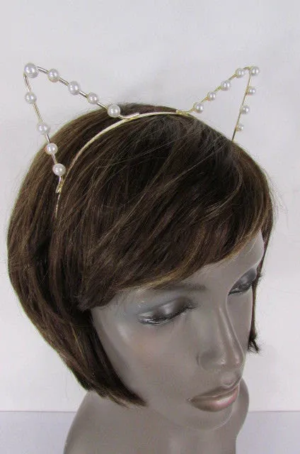 Gold Metal Fashion Head Band Small Animals Ears Cream Imitation Pearl Beads Women