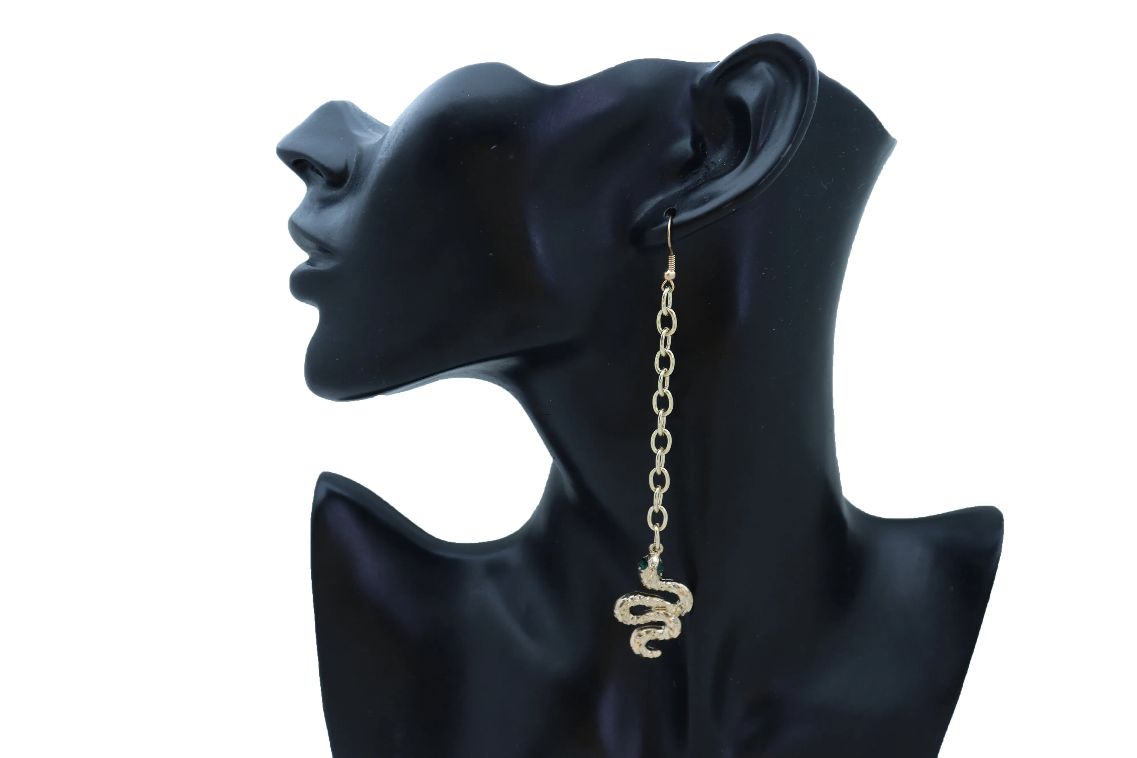 Long Gold Metal Chain Snake Charm Dangle Earrings