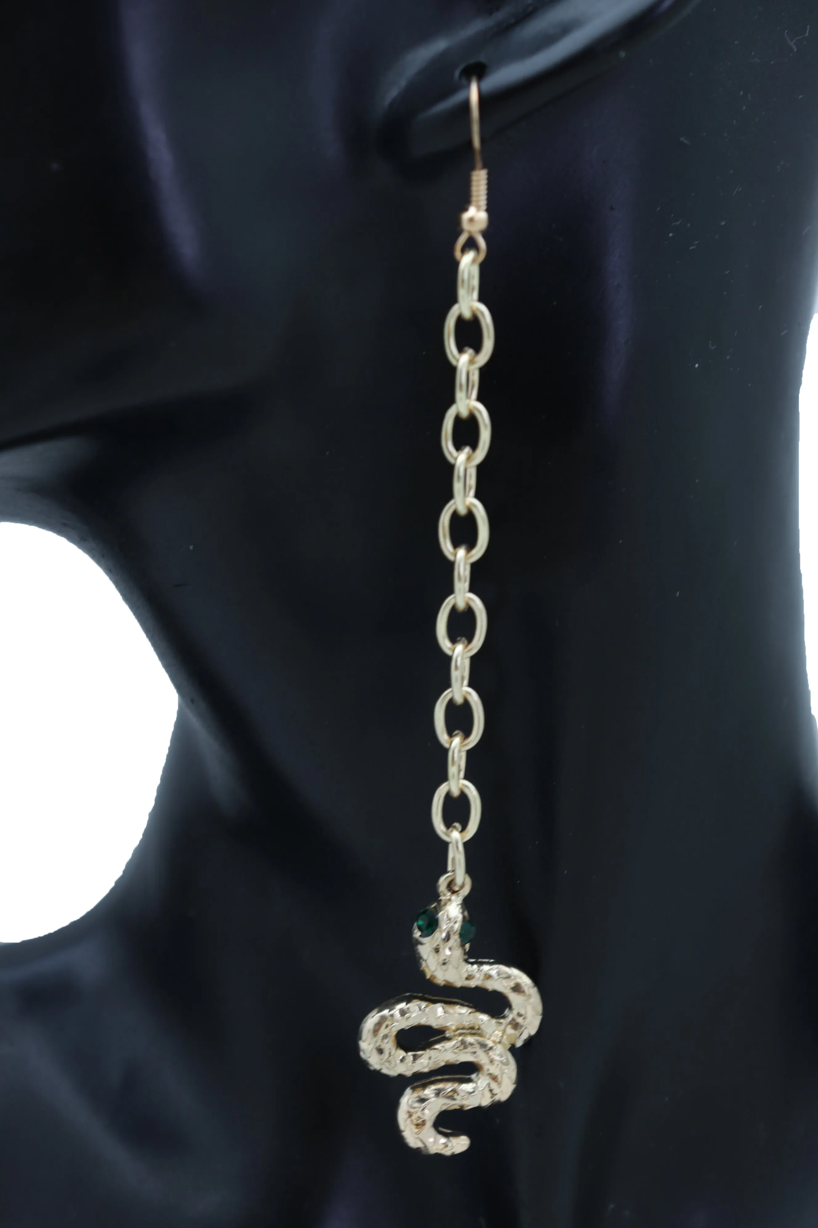 Long Gold Metal Chain Snake Charm Dangle Earrings