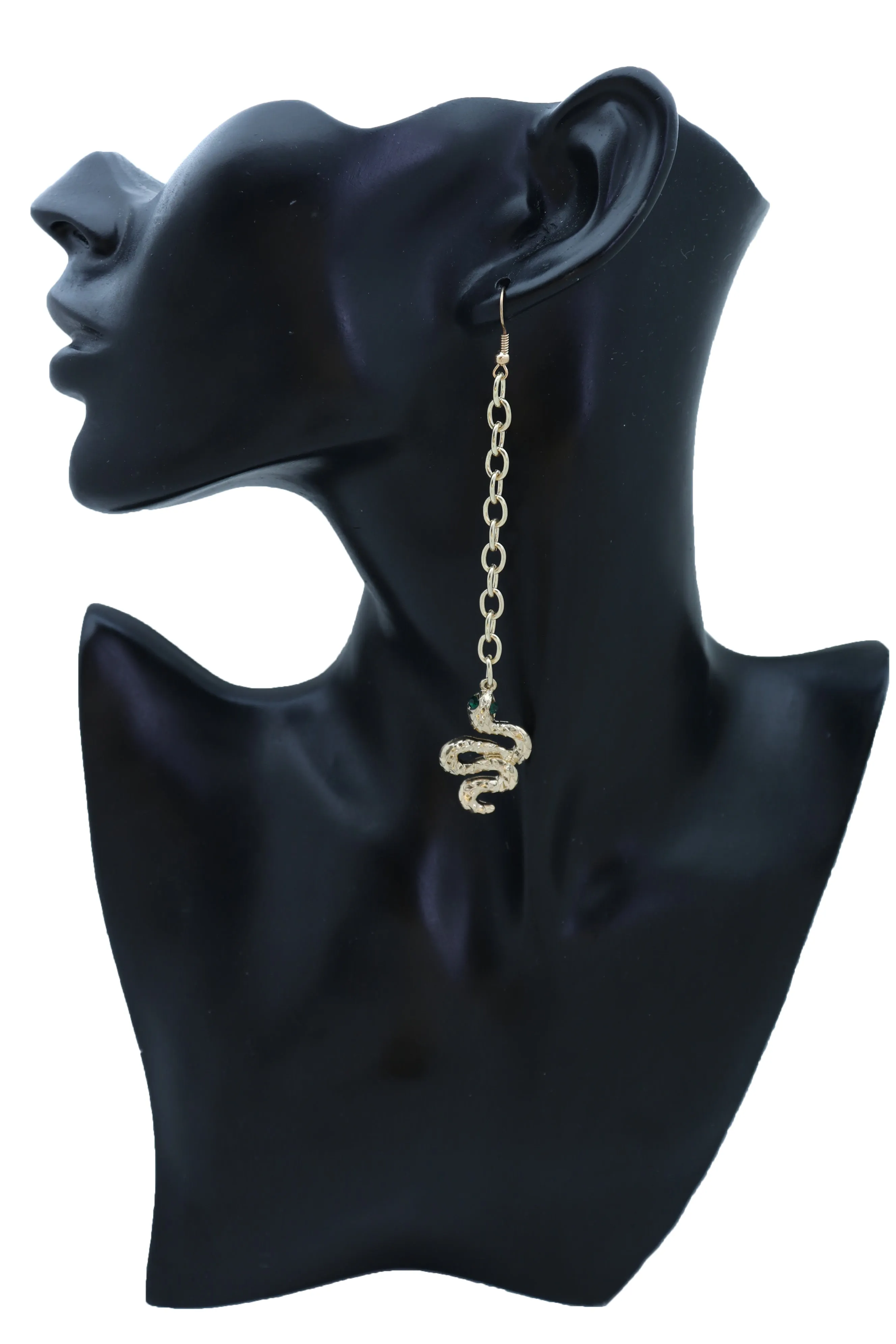 Long Gold Metal Chain Snake Charm Dangle Earrings