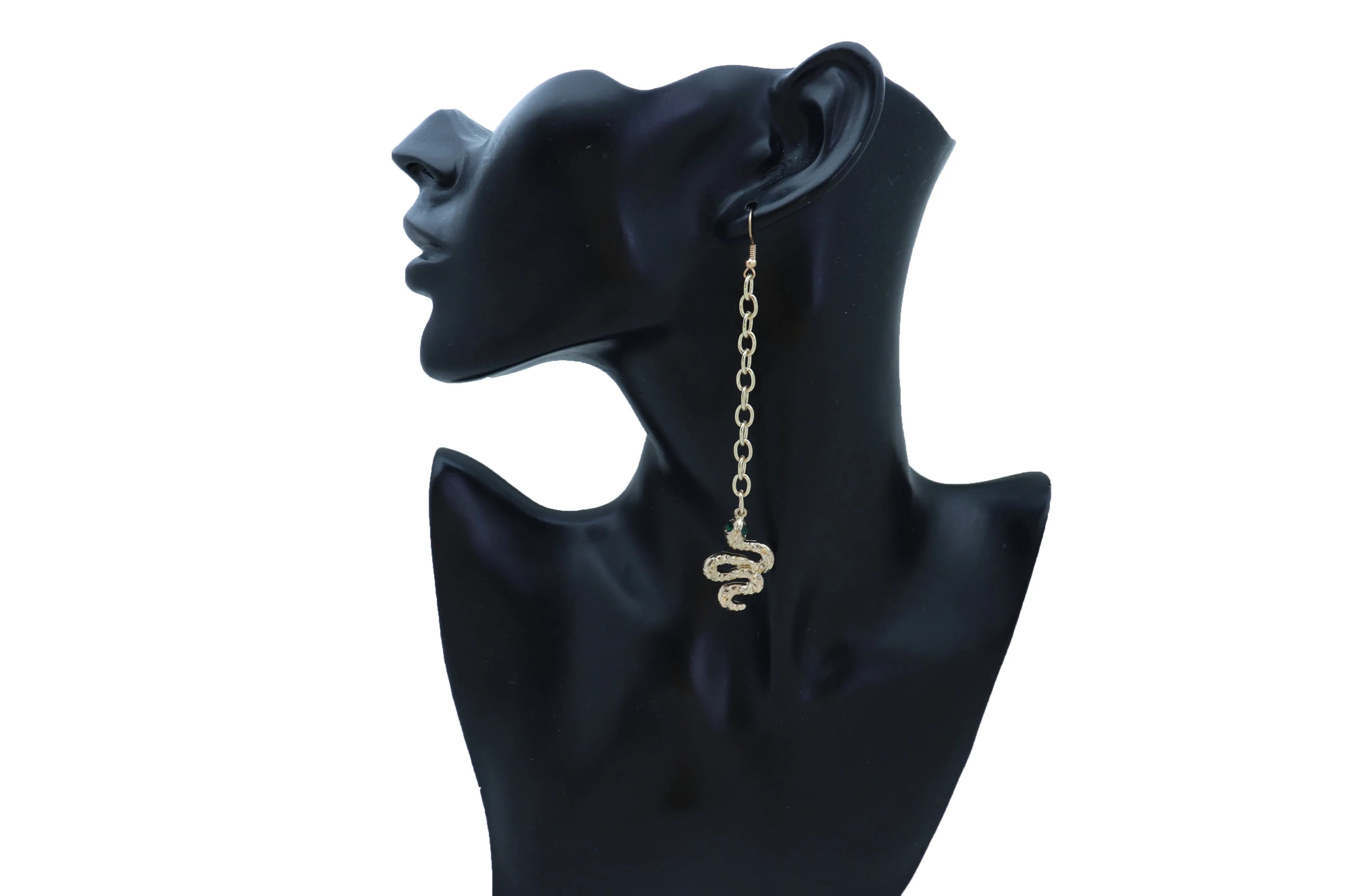Long Gold Metal Chain Snake Charm Dangle Earrings