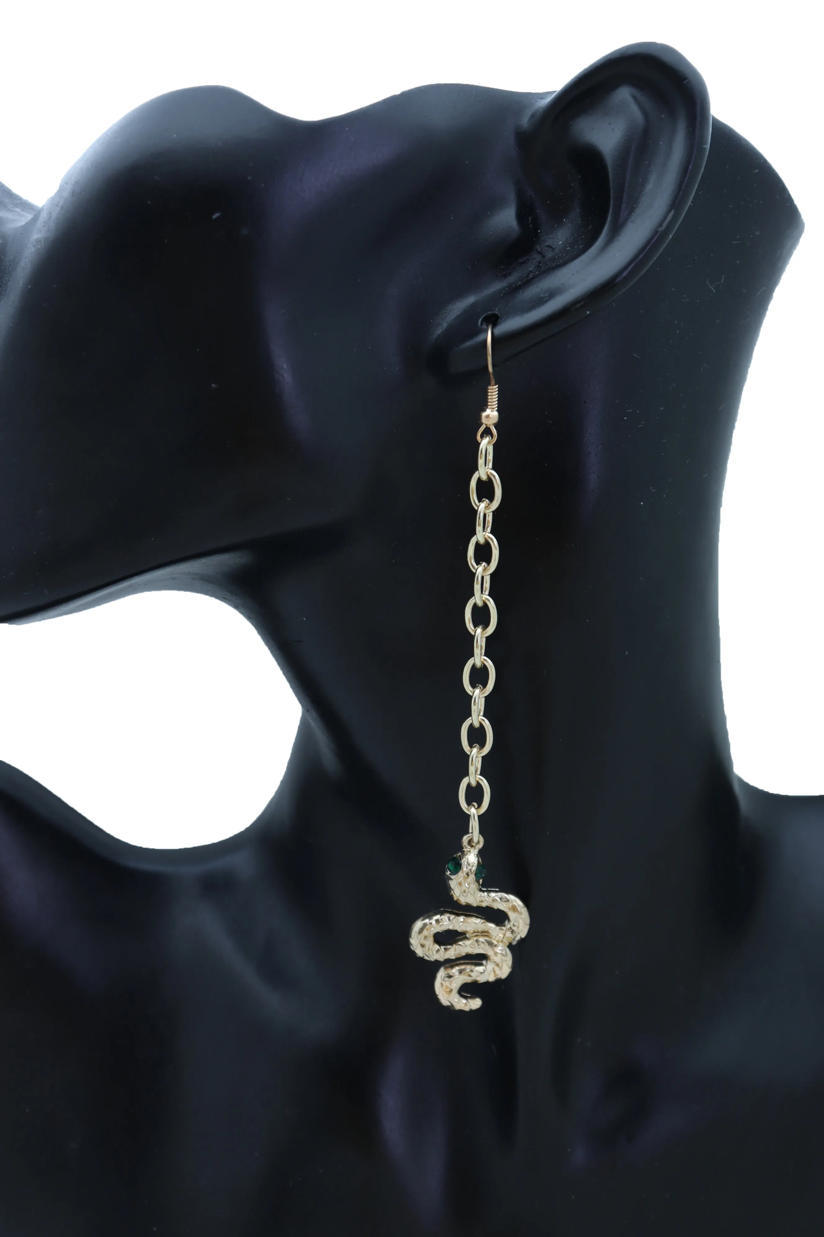 Long Gold Metal Chain Snake Charm Dangle Earrings