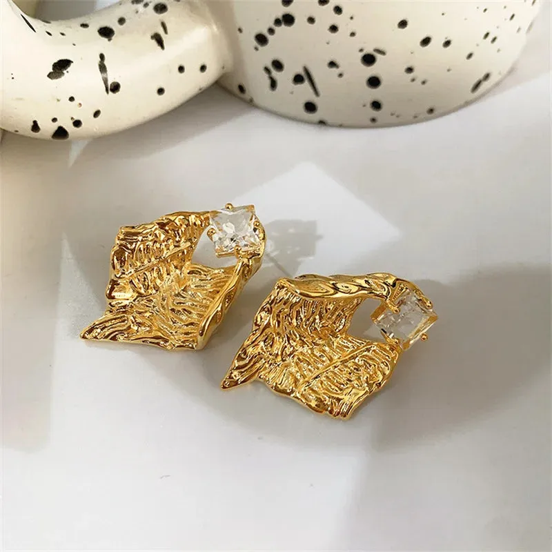 Metal Texture Pendant Female Retro Exaggerated Zircon Gifts Irregular Earring