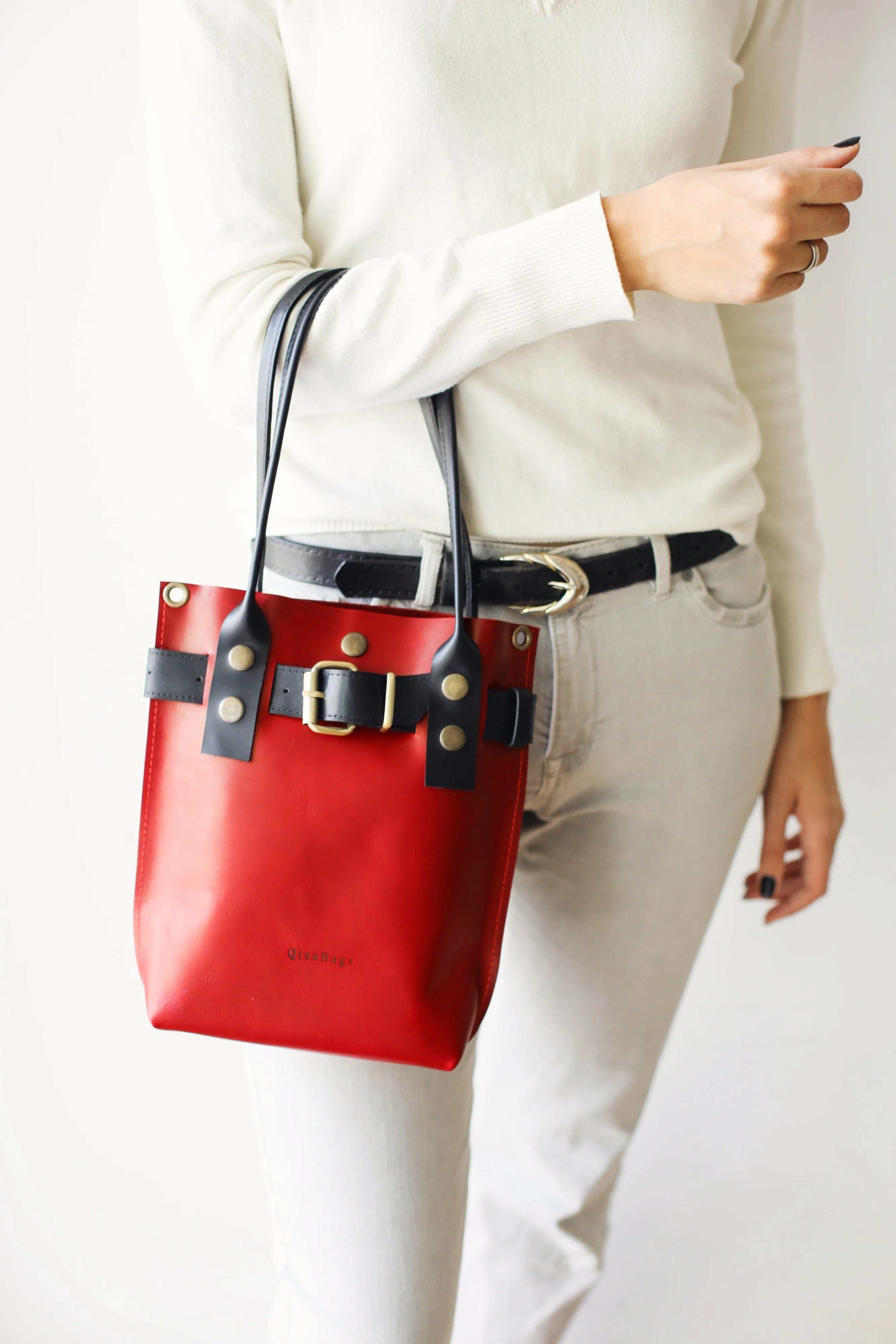 Red w/ Black Leather Handbag