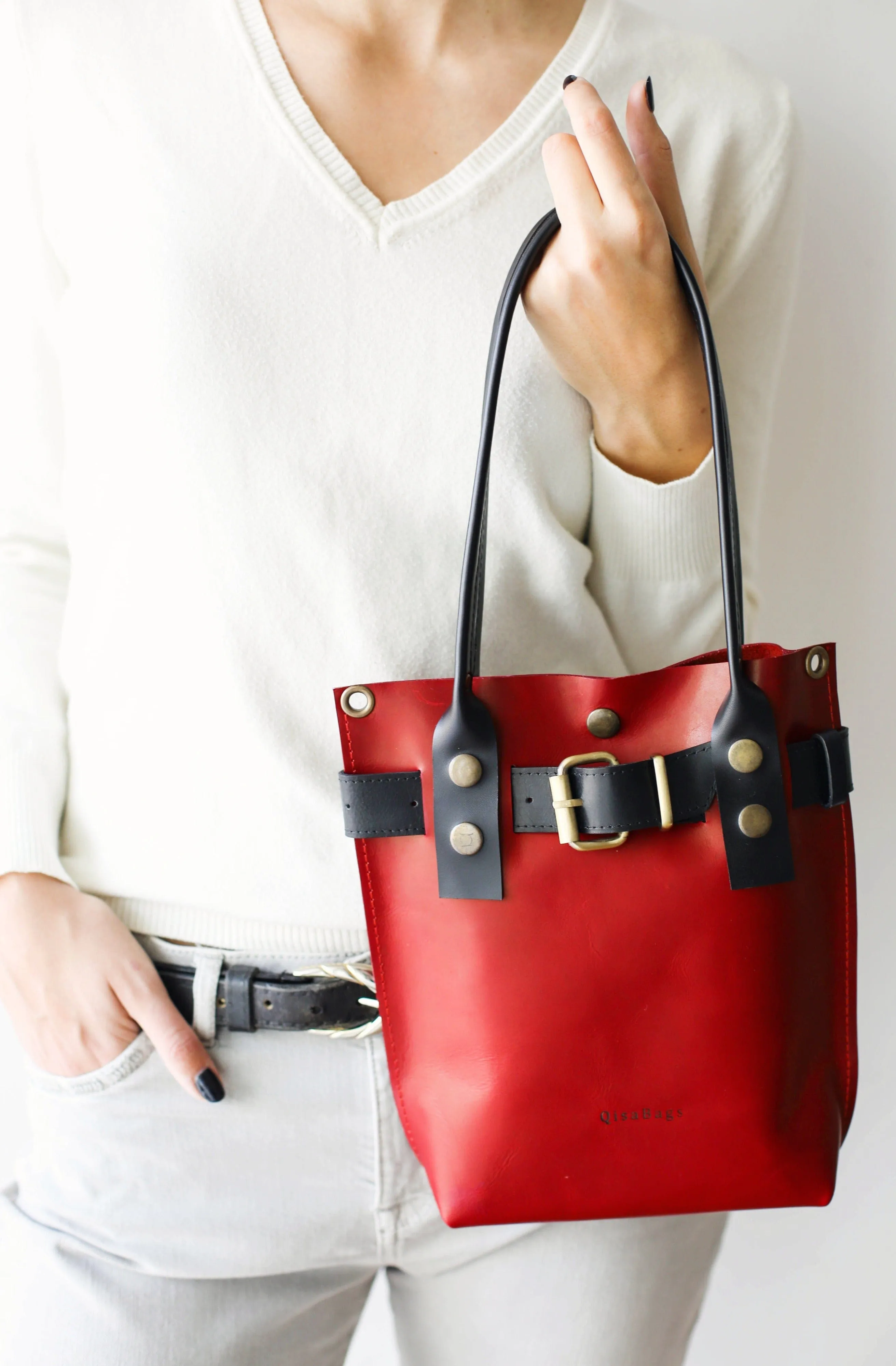 Red w/ Black Leather Handbag