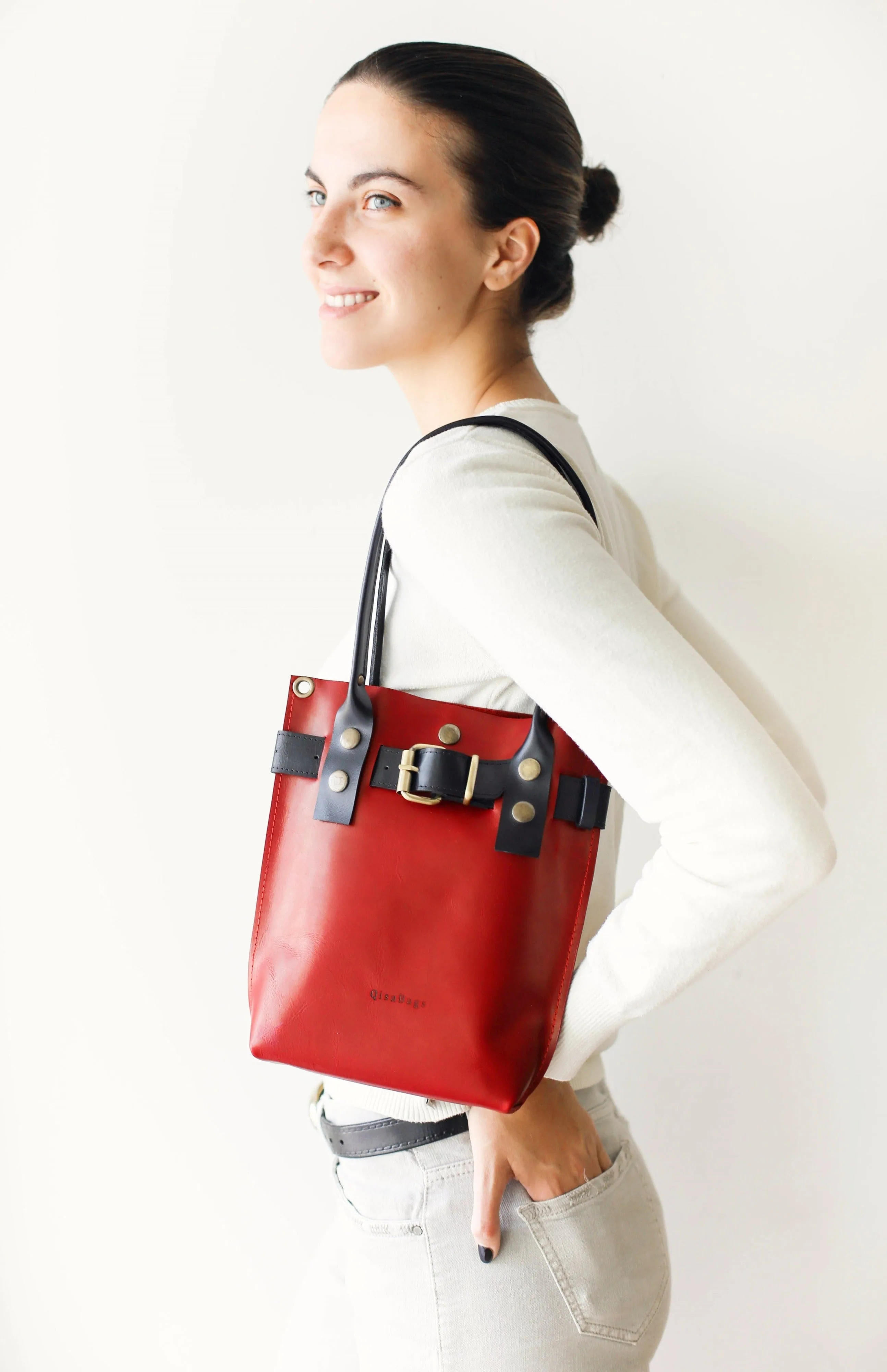 Red w/ Black Leather Handbag