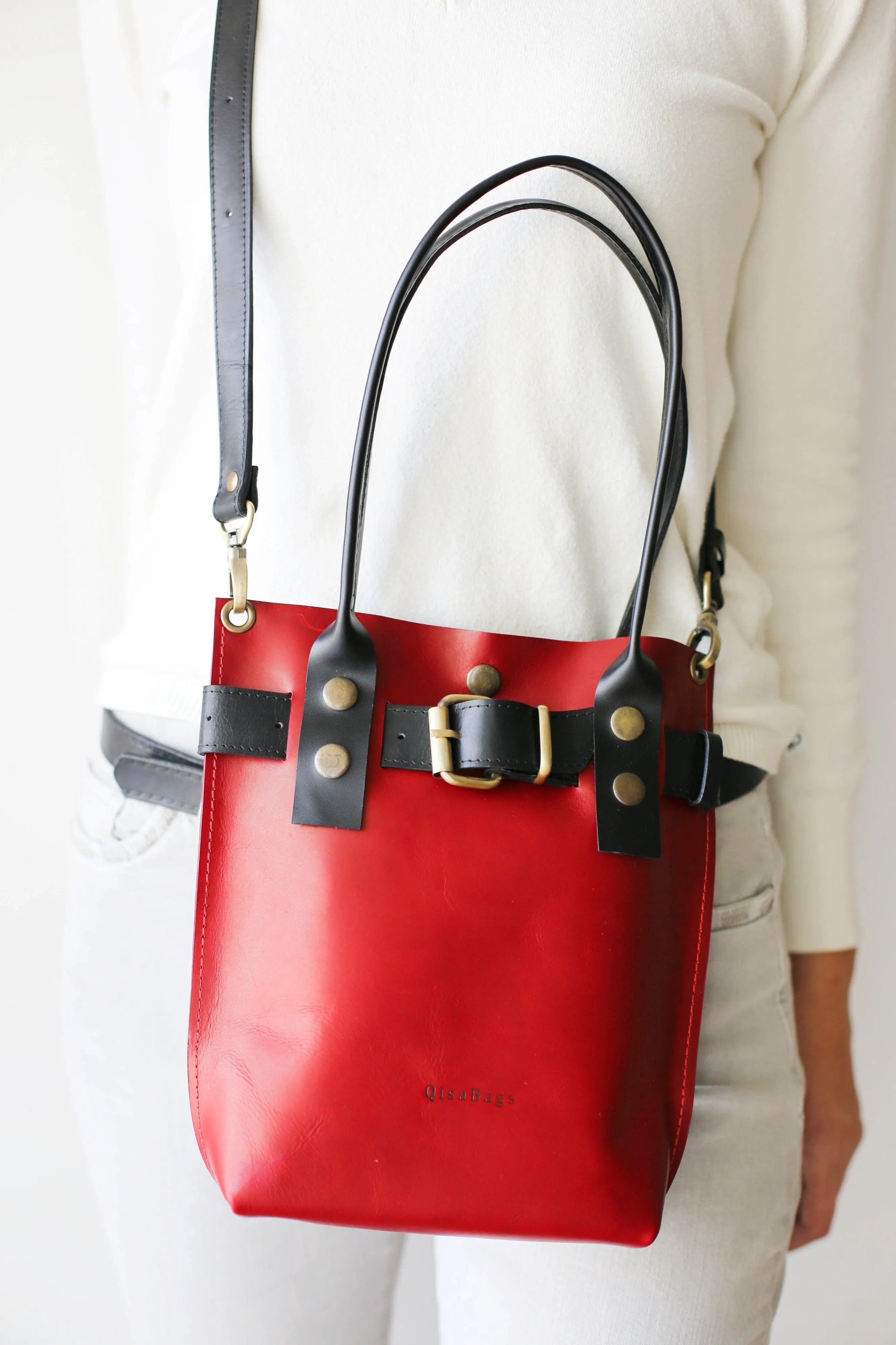 Red w/ Black Leather Handbag