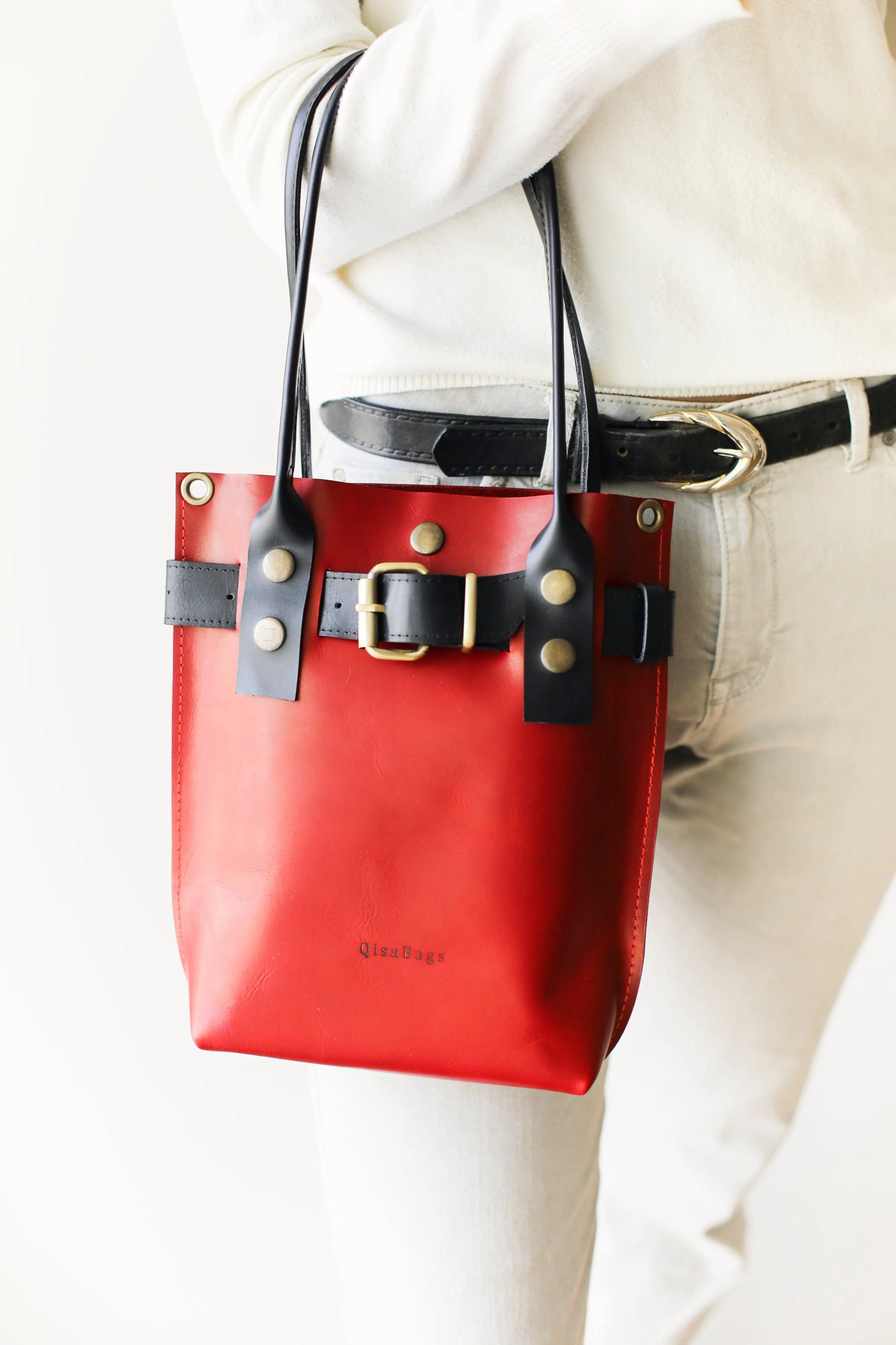 Red w/ Black Leather Handbag
