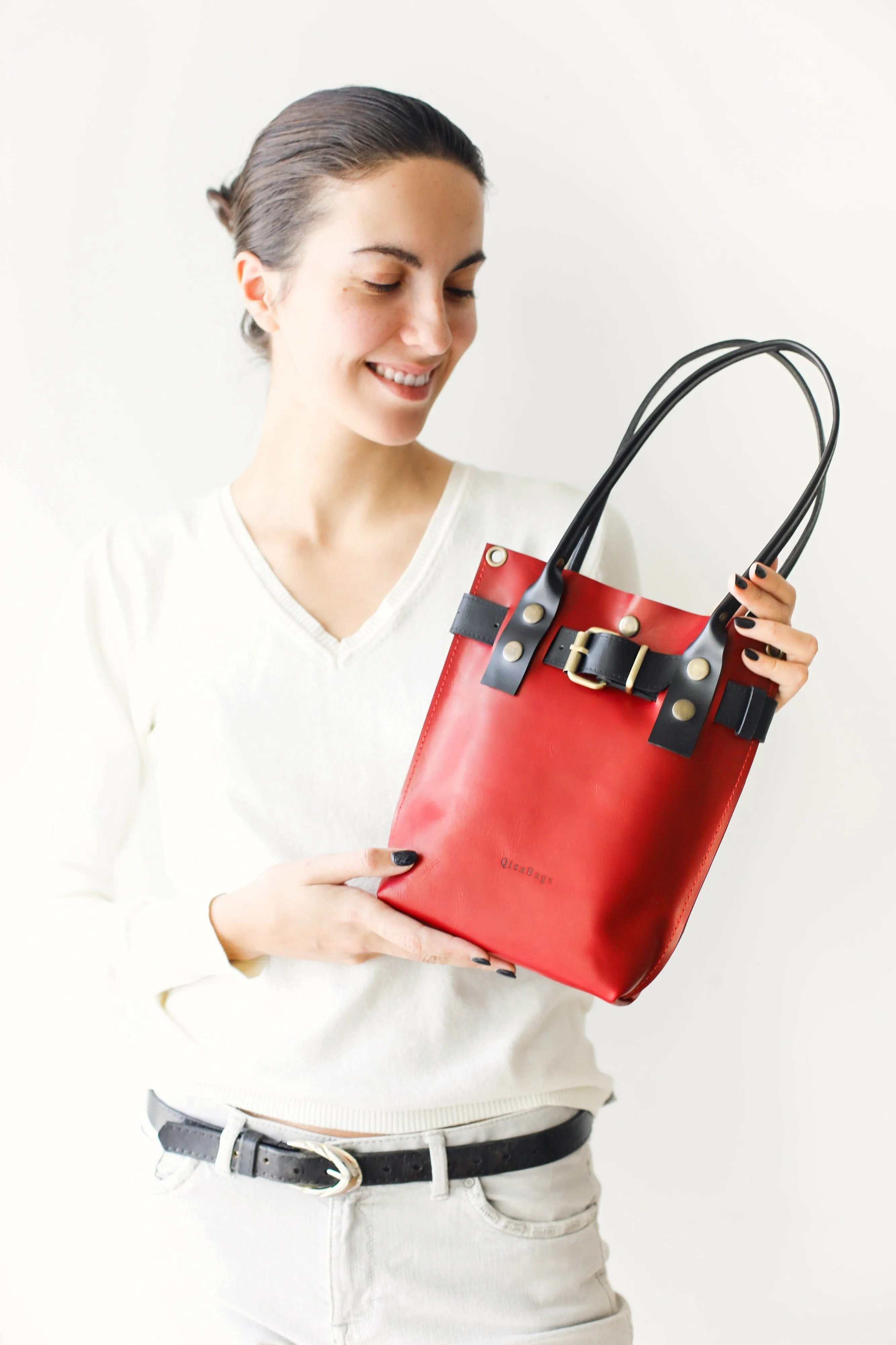 Red w/ Black Leather Handbag